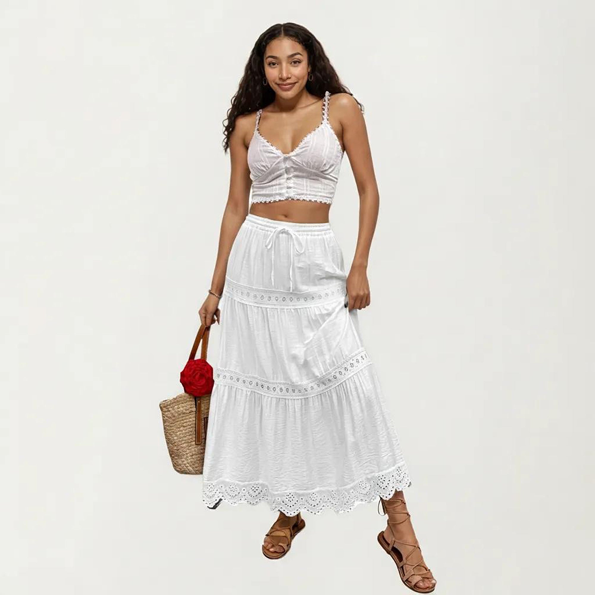 Anna-Kaci Women's High Waist Tiered Midi Skirt with Eyelet Trim