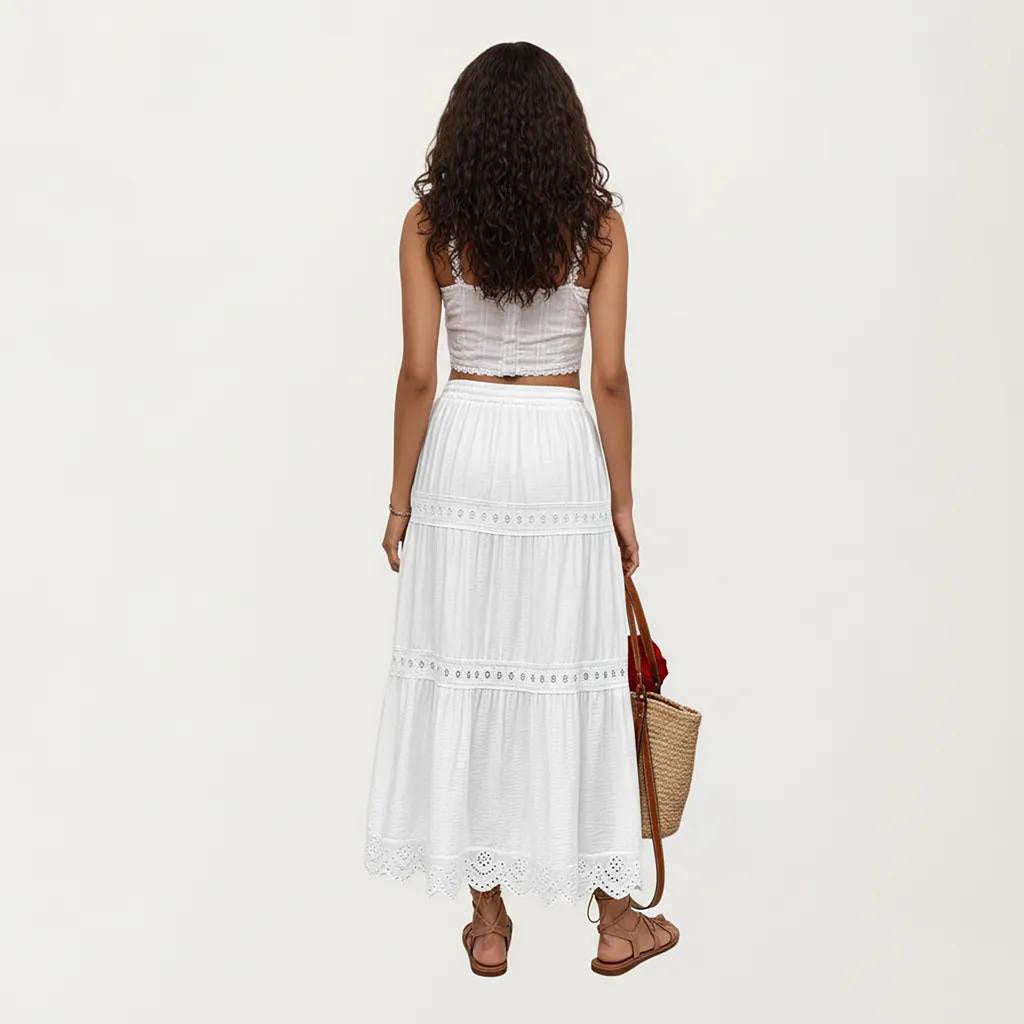 Anna-Kaci Women's High Waist Tiered Midi Skirt with Eyelet Trim