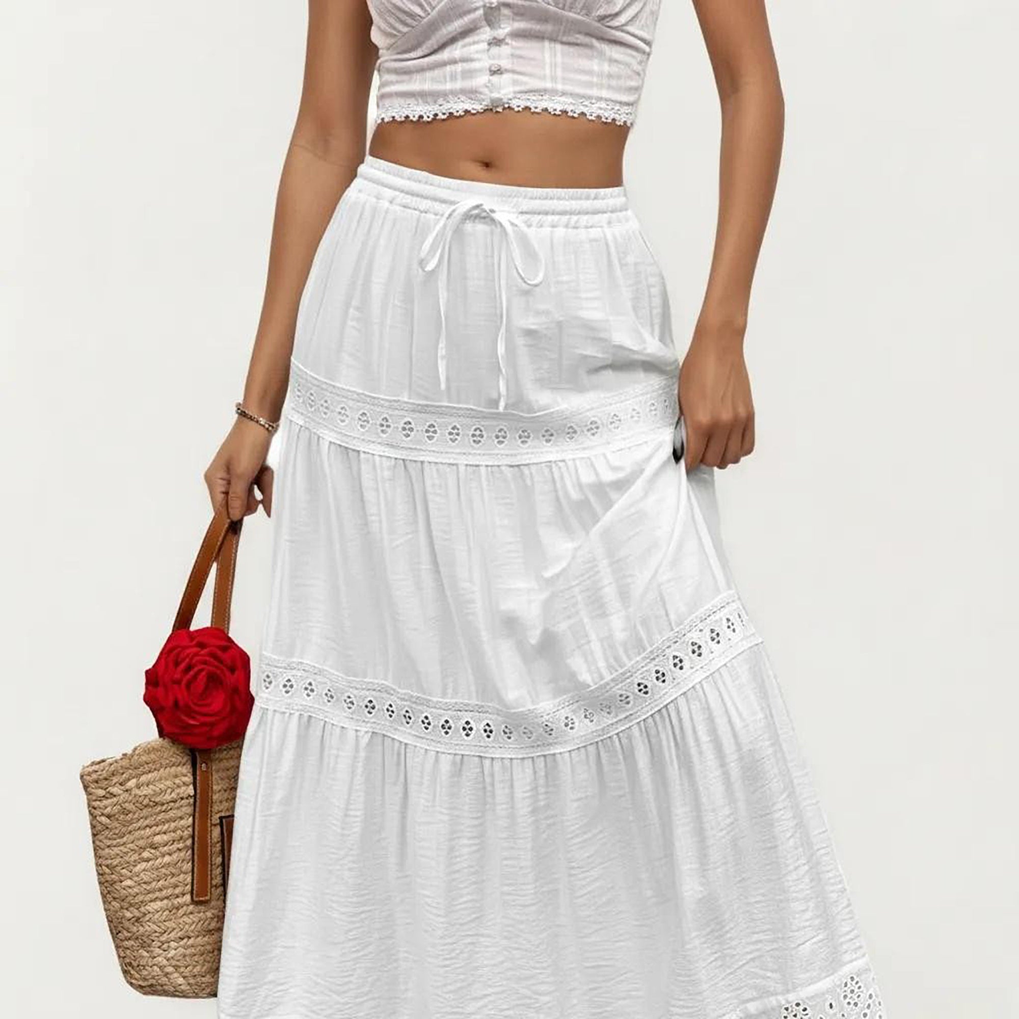 Anna-Kaci Women's High Waist Tiered Midi Skirt with Eyelet Trim