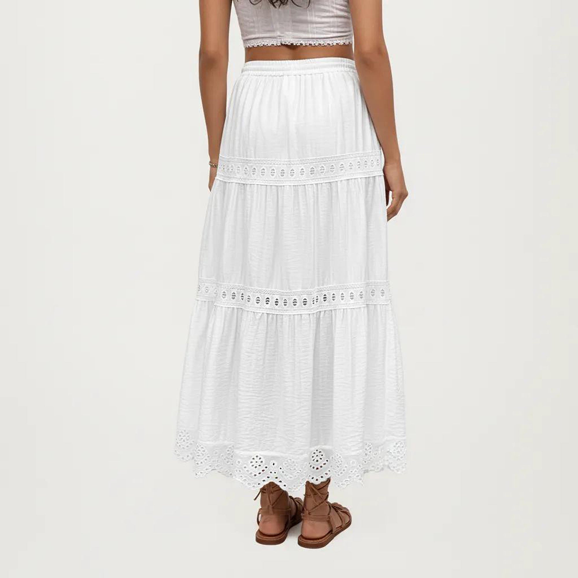 Anna-Kaci Women's High Waist Tiered Midi Skirt with Eyelet Trim