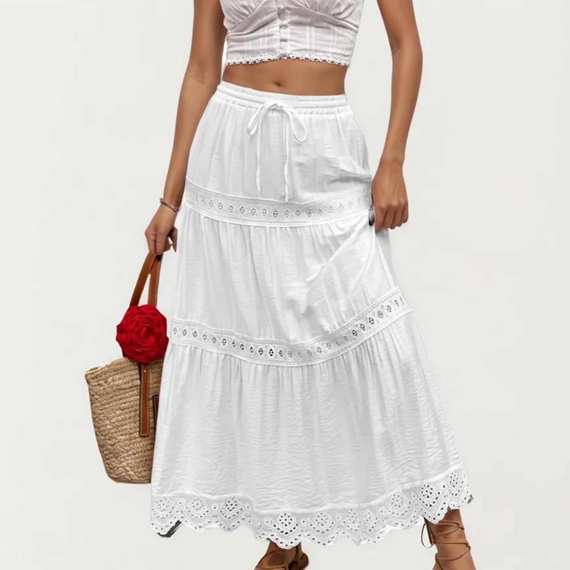 Anna-Kaci Women's High Waist Tiered Midi Skirt with Eyelet Trim
