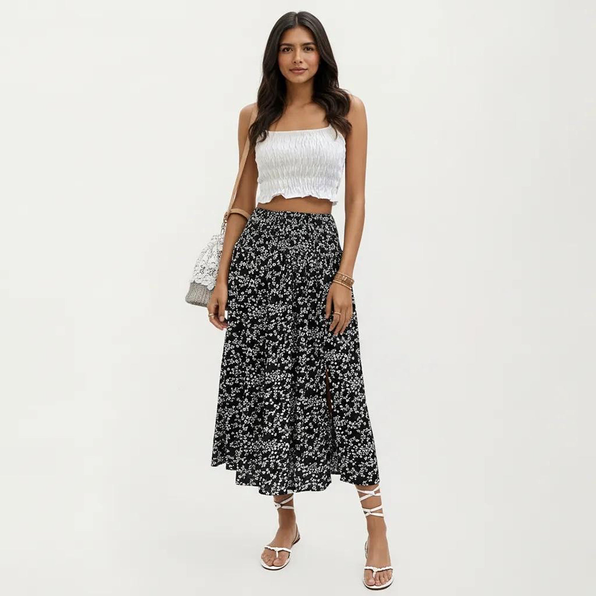 Anna-Kaci Women's High Waist Midi Skirt with Ditsy Floral Print and Side Slit