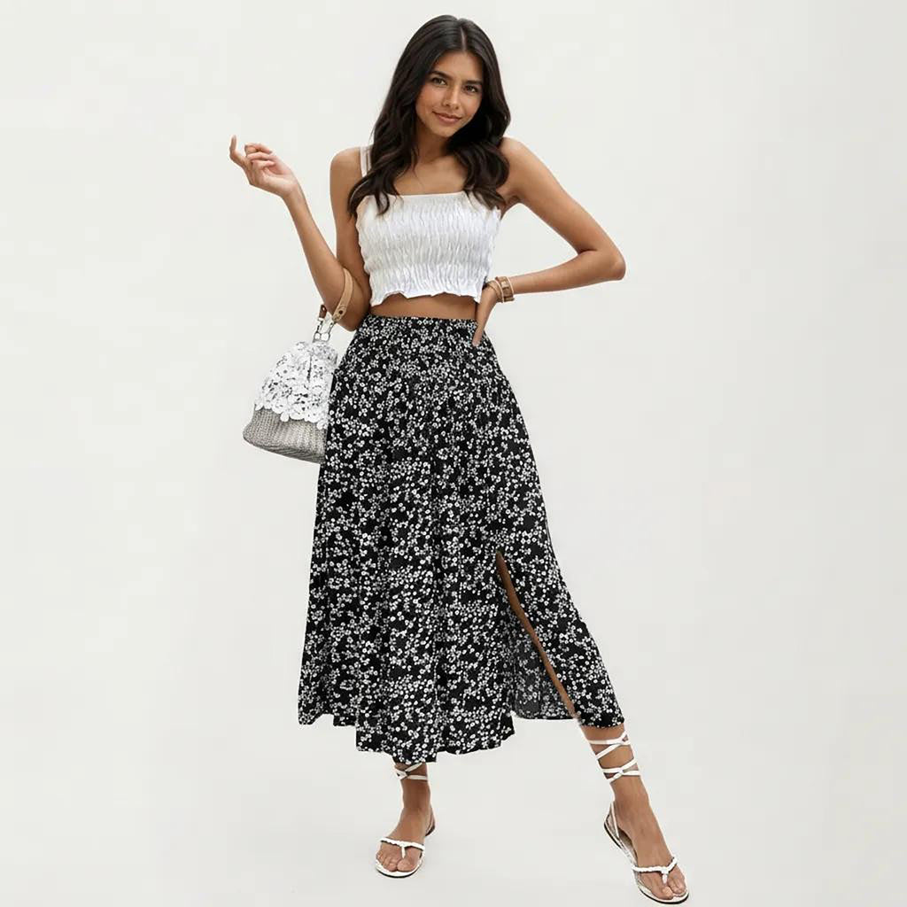 Anna-Kaci Women's High Waist Midi Skirt with Ditsy Floral Print and Side Slit