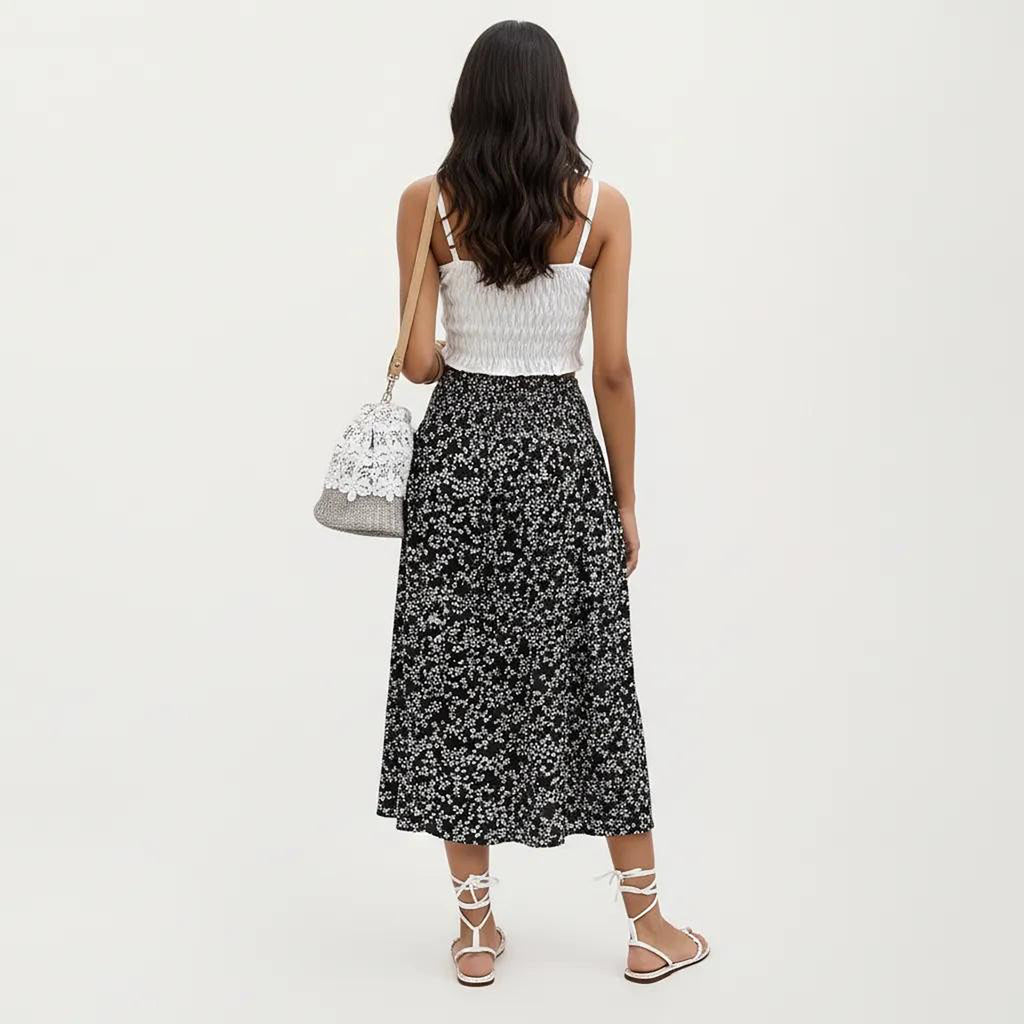 Anna-Kaci Women's High Waist Midi Skirt with Ditsy Floral Print and Side Slit
