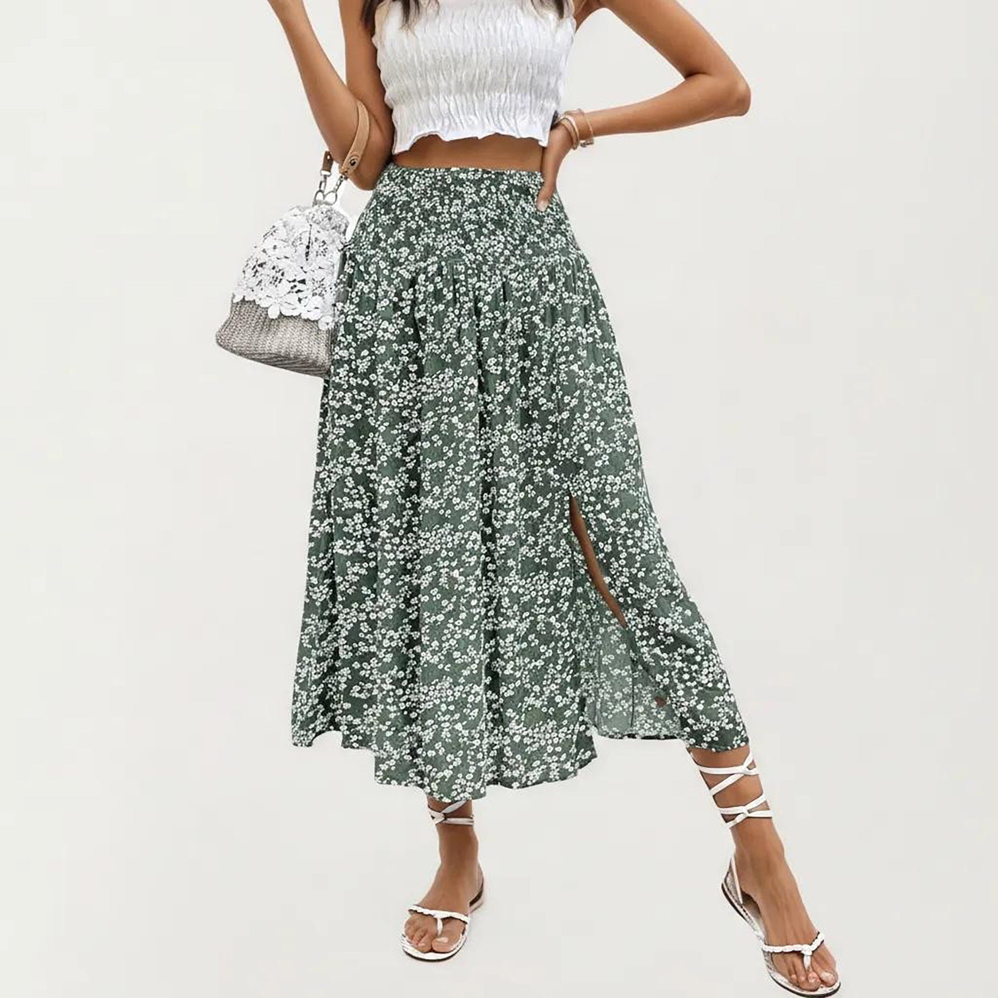 Anna-Kaci Women's High Waist Midi Skirt with Ditsy Floral Print and Side Slit