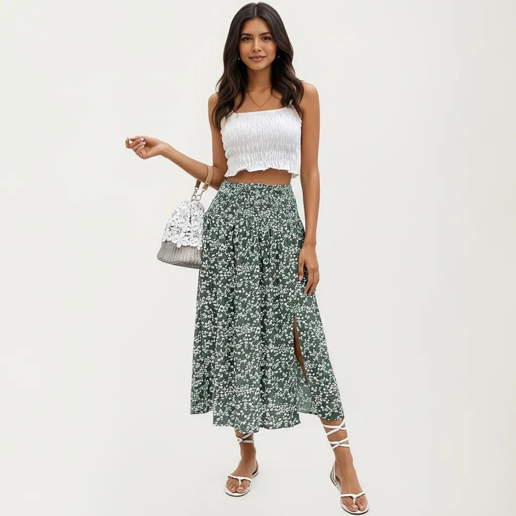Anna-Kaci Women's High Waist Midi Skirt with Ditsy Floral Print and Side Slit