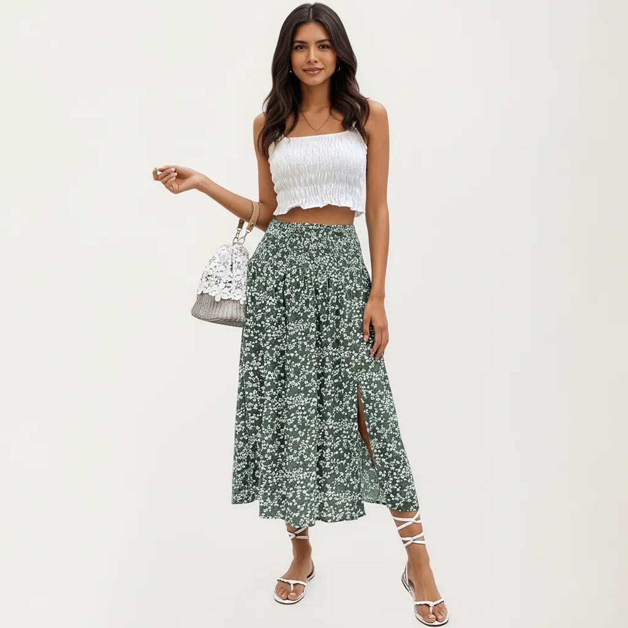 Anna-Kaci Women's High Waist Midi Skirt with Ditsy Floral Print and Side Slit