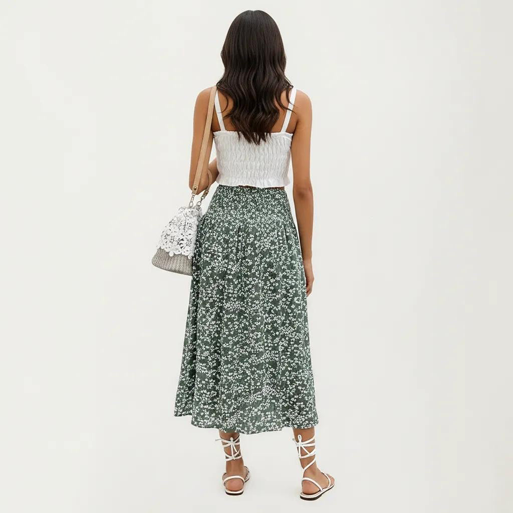 Anna-Kaci Women's High Waist Midi Skirt with Ditsy Floral Print and Side Slit