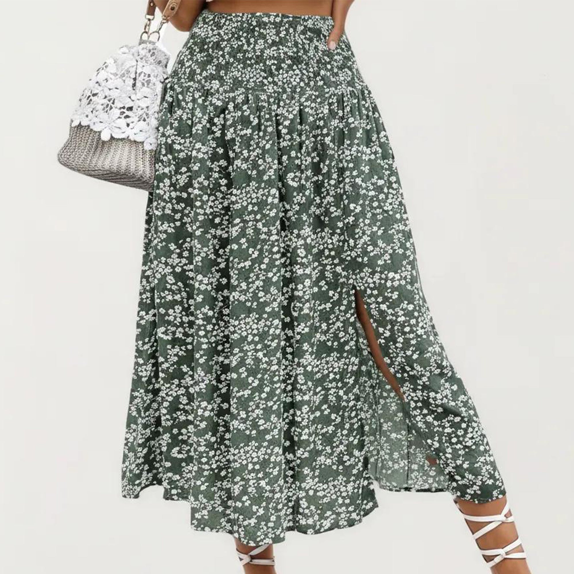 Anna-Kaci Women's High Waist Midi Skirt with Ditsy Floral Print and Side Slit