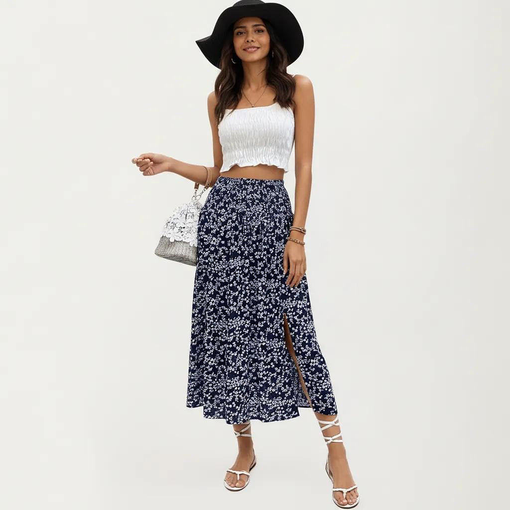 Anna-Kaci Women's High Waist Midi Skirt with Ditsy Floral Print and Side Slit