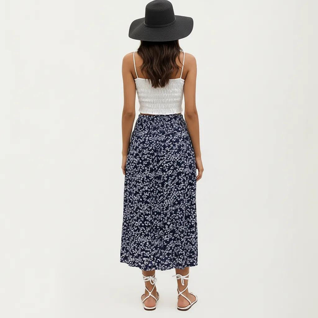 Anna-Kaci Women's High Waist Midi Skirt with Ditsy Floral Print and Side Slit