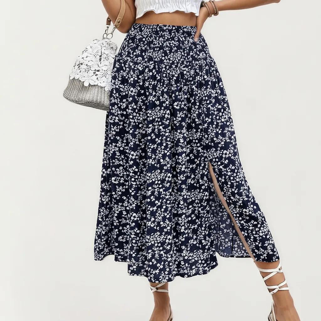 Anna-Kaci Women's High Waist Midi Skirt with Ditsy Floral Print and Side Slit
