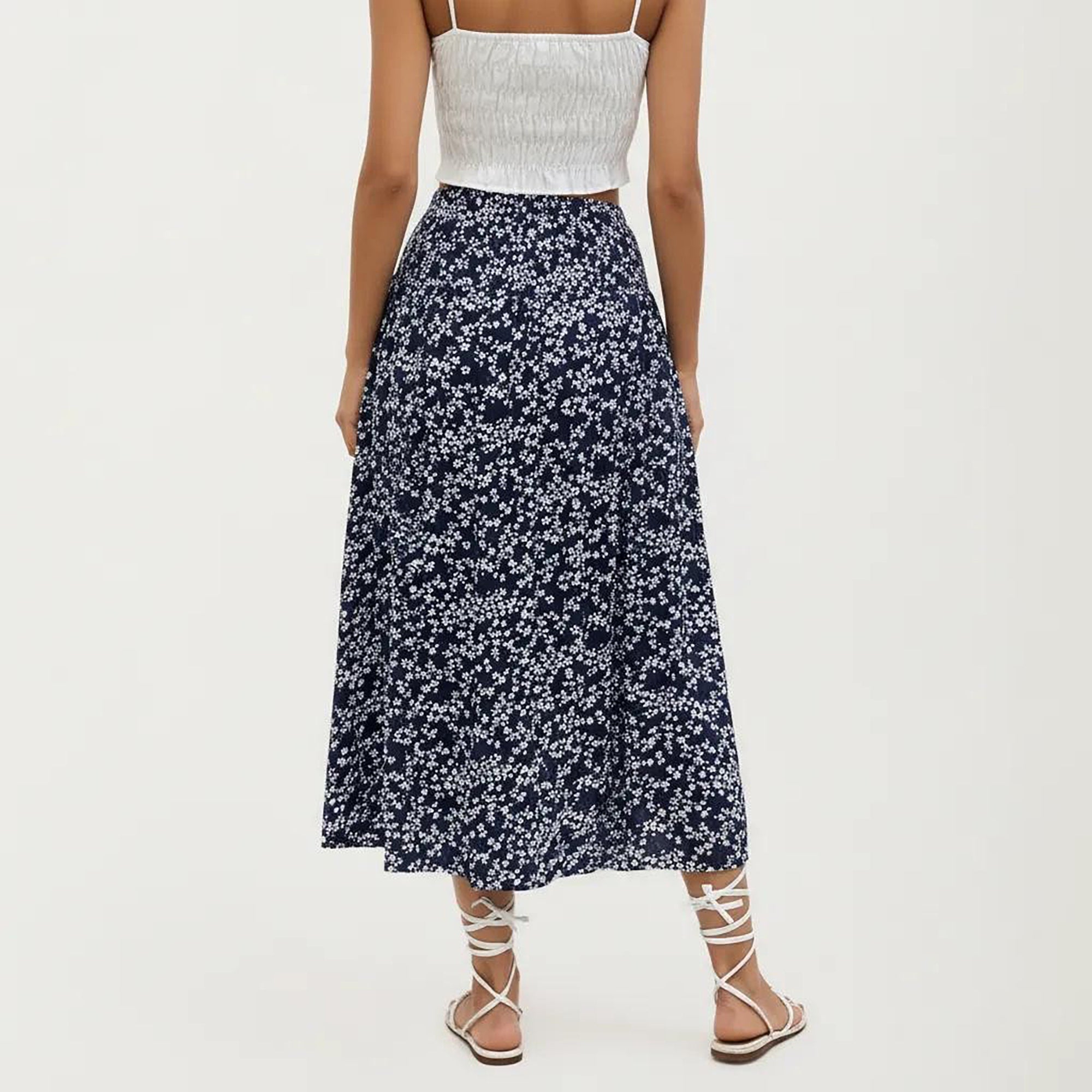 Anna-Kaci Women's High Waist Midi Skirt with Ditsy Floral Print and Side Slit