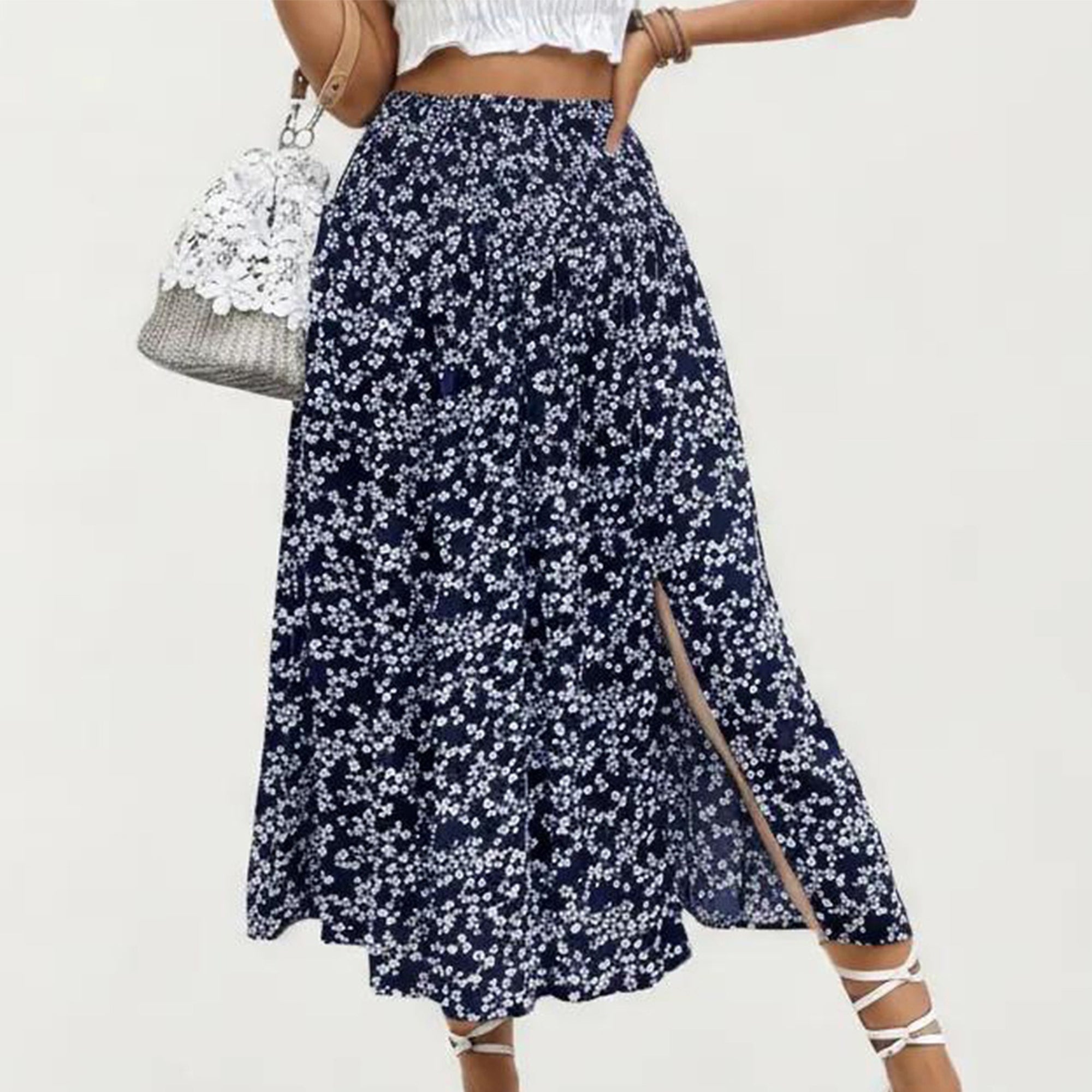 Anna-Kaci Women's High Waist Midi Skirt with Ditsy Floral Print and Side Slit