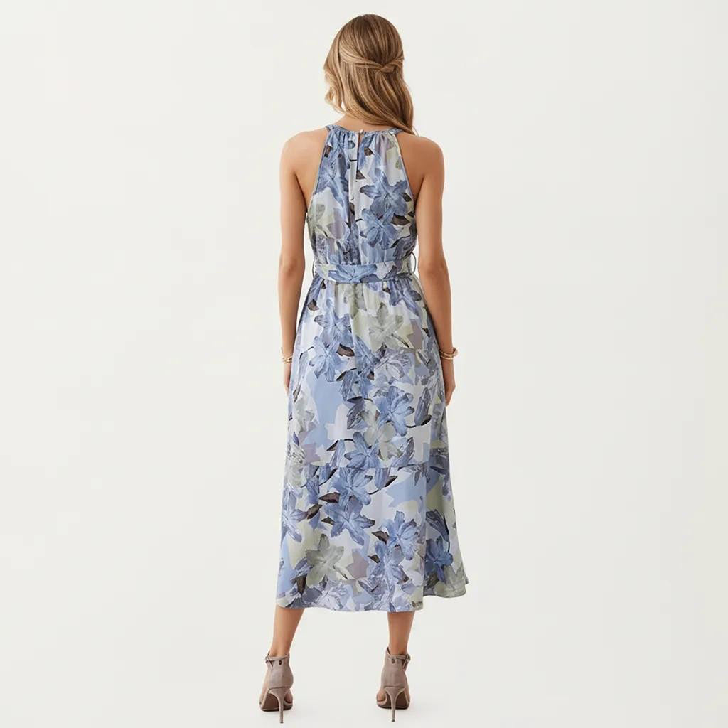 Anna-Kaci Women's Halter Neck Midi Dress with Floral Print and Asymmetrical Hem