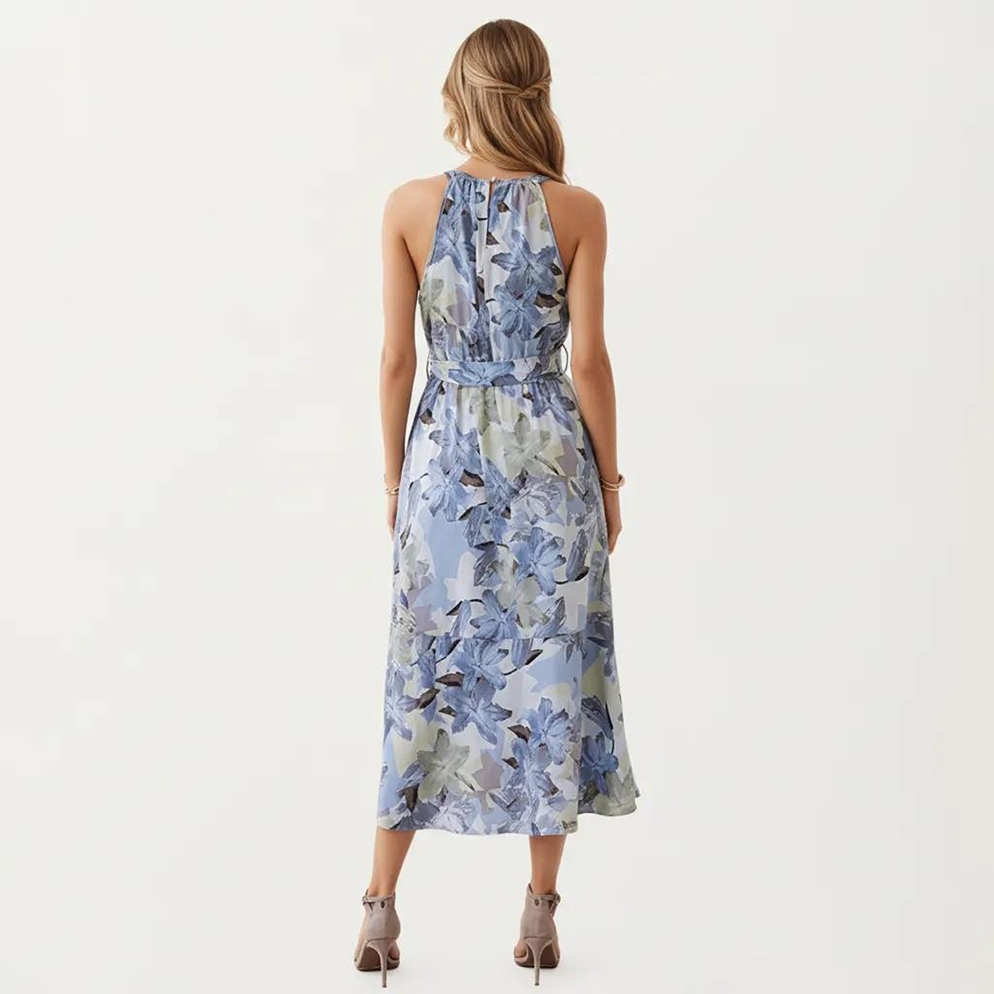 Anna-Kaci Women's Halter Neck Midi Dress with Floral Print and Asymmetrical Hem
