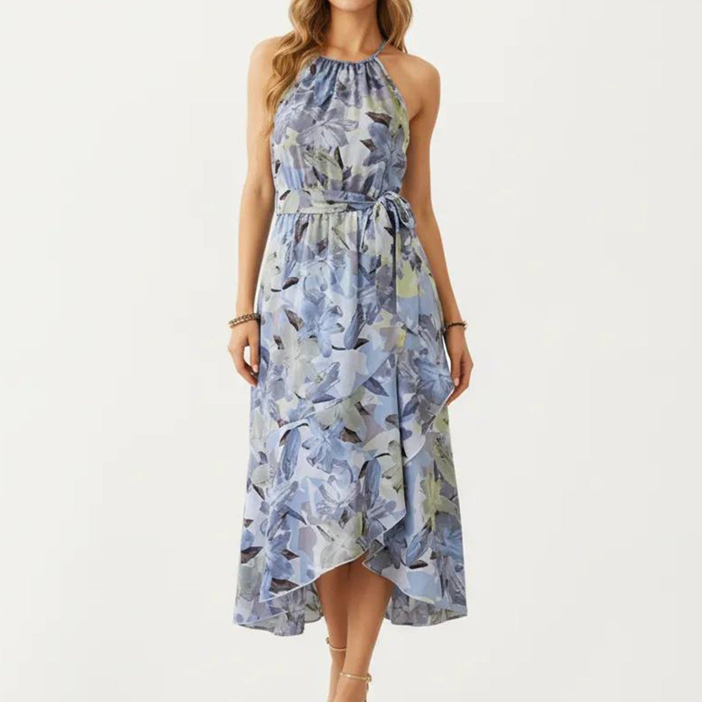 Anna-Kaci Women's Halter Neck Midi Dress with Floral Print and Asymmetrical Hem