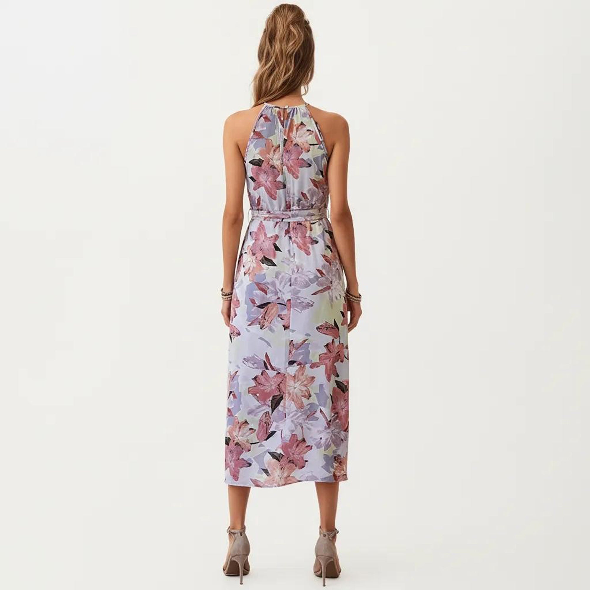 Anna-Kaci Women's Halter Neck Midi Dress with Floral Print and Asymmetrical Hem