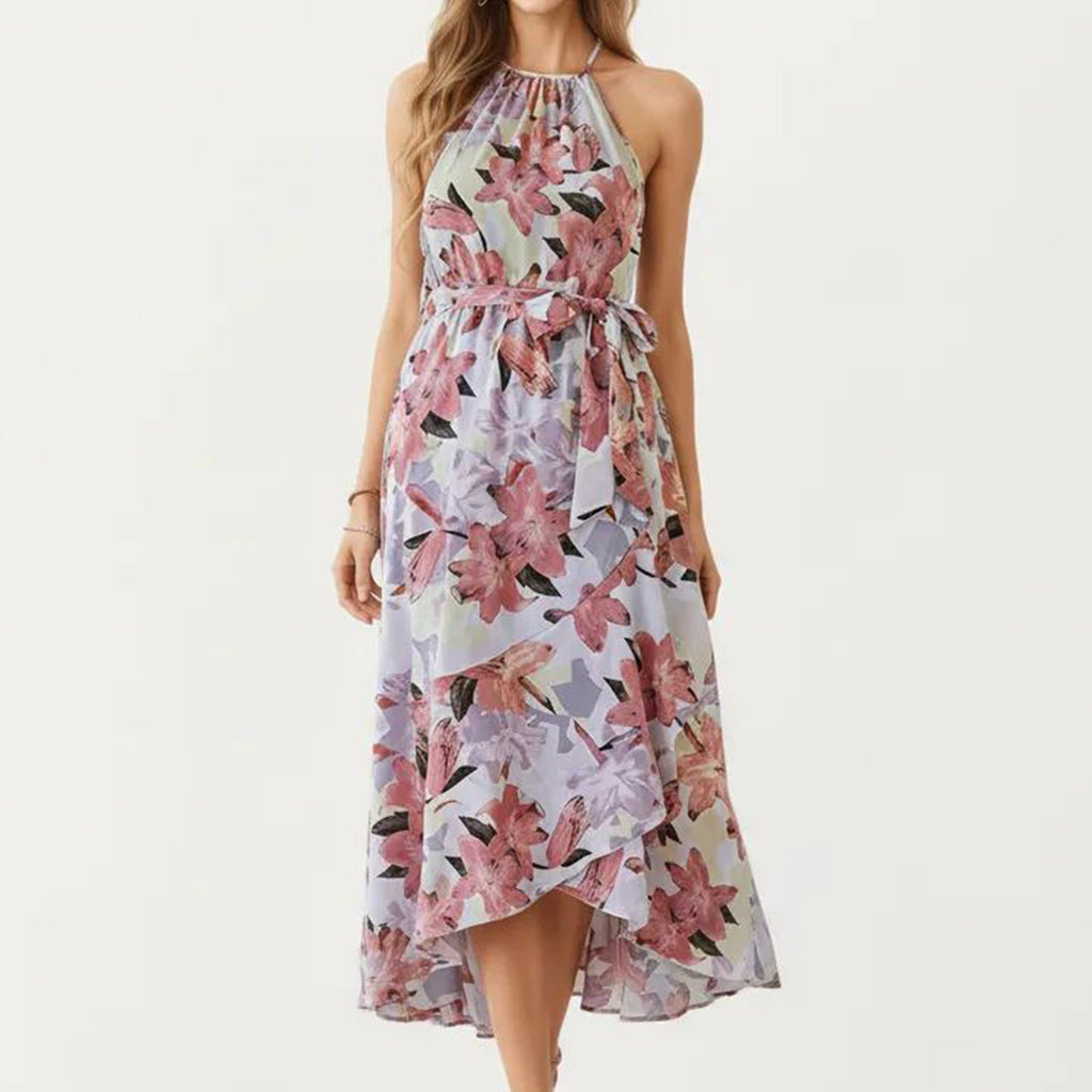 Anna-Kaci Women's Halter Neck Midi Dress with Floral Print and Asymmetrical Hem
