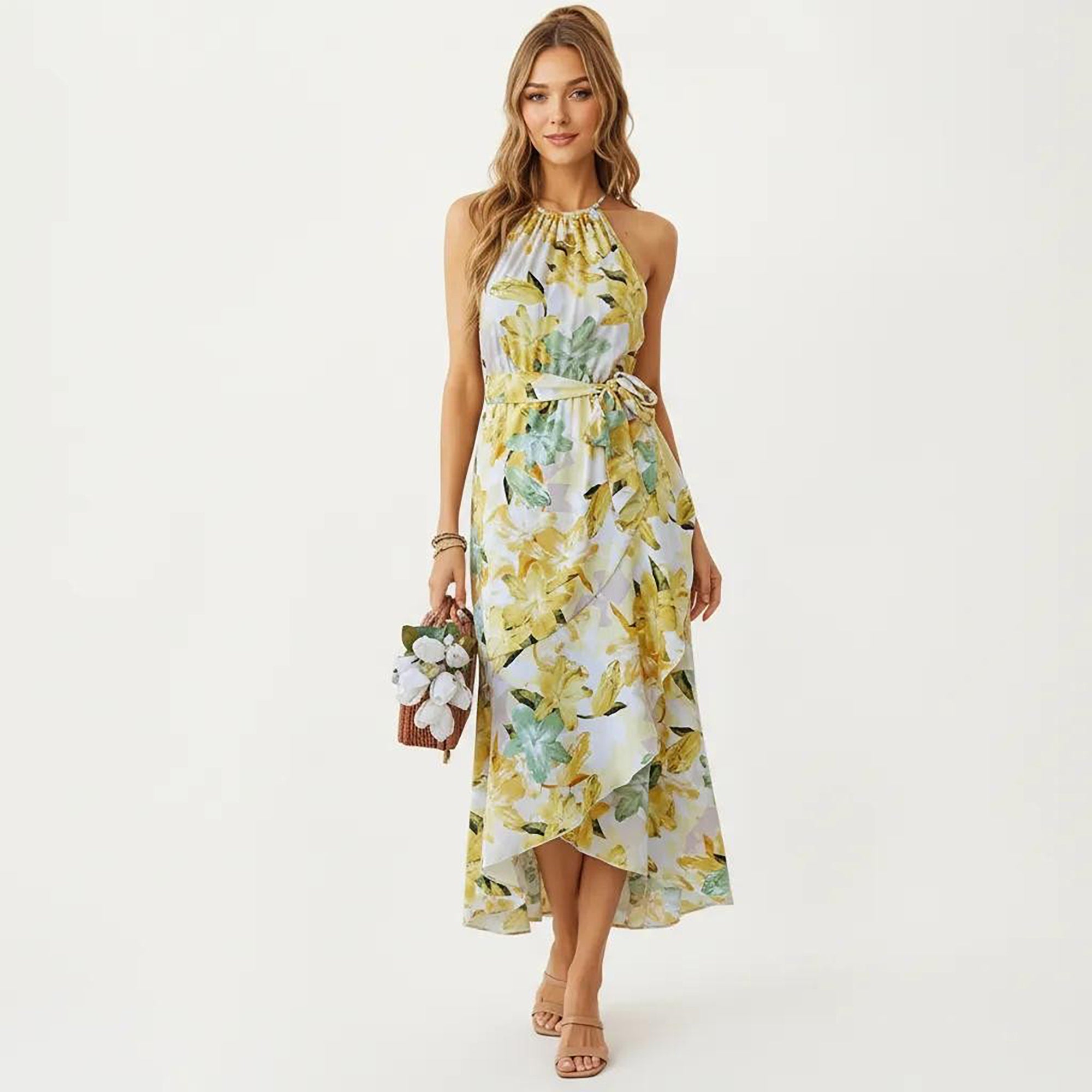 Anna-Kaci Women's Halter Neck Midi Dress with Floral Print and Asymmetrical Hem
