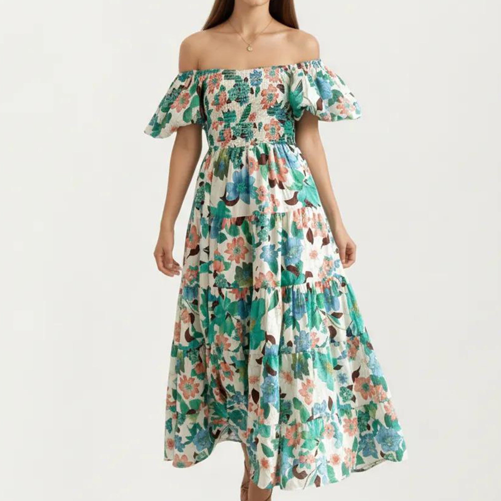 Anna-Kaci Women's Off Shoulder Maxi Dress with Smocked Bodice and Tiered Skirt