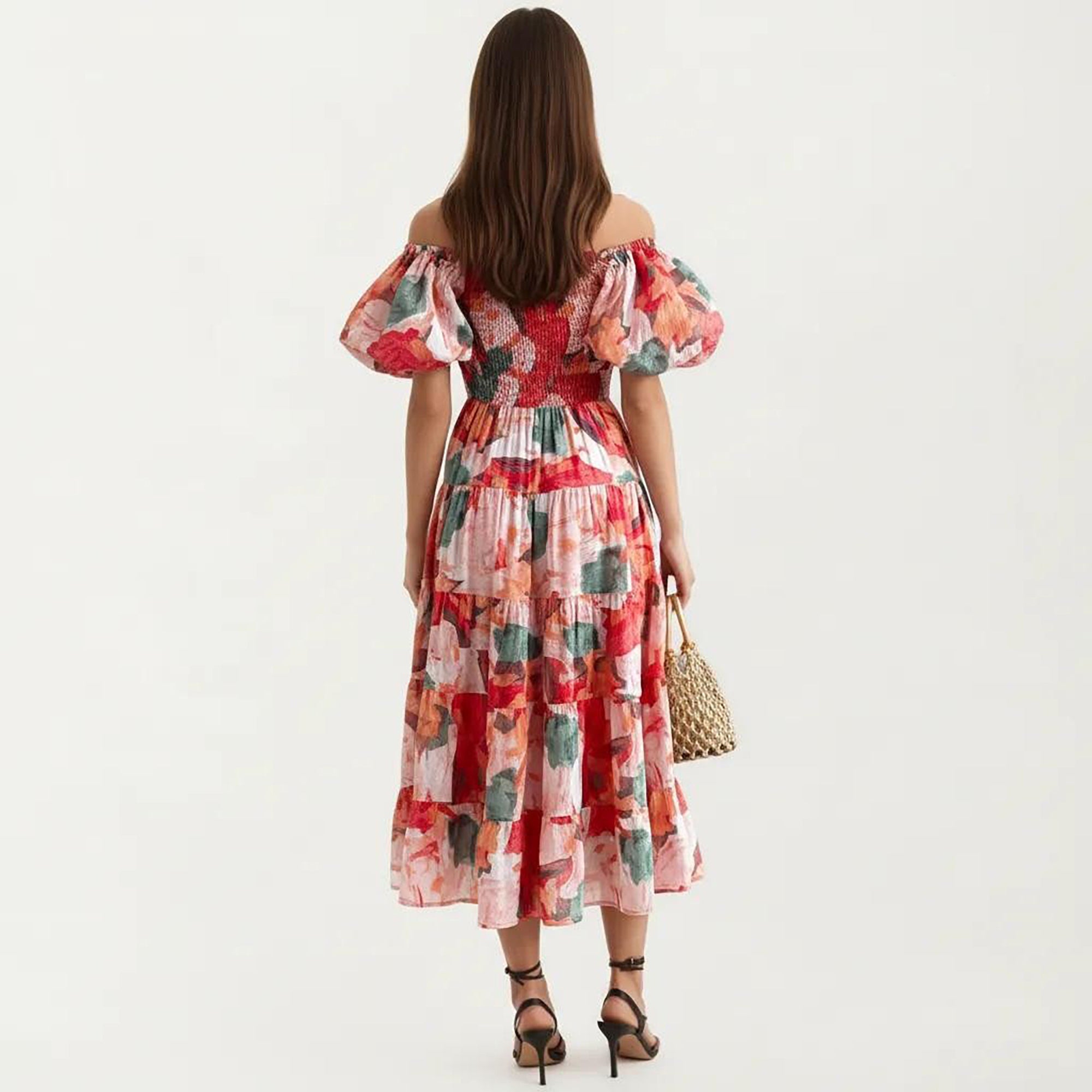 Anna-Kaci Women's Off Shoulder Maxi Dress with Smocked Bodice and Tiered Skirt