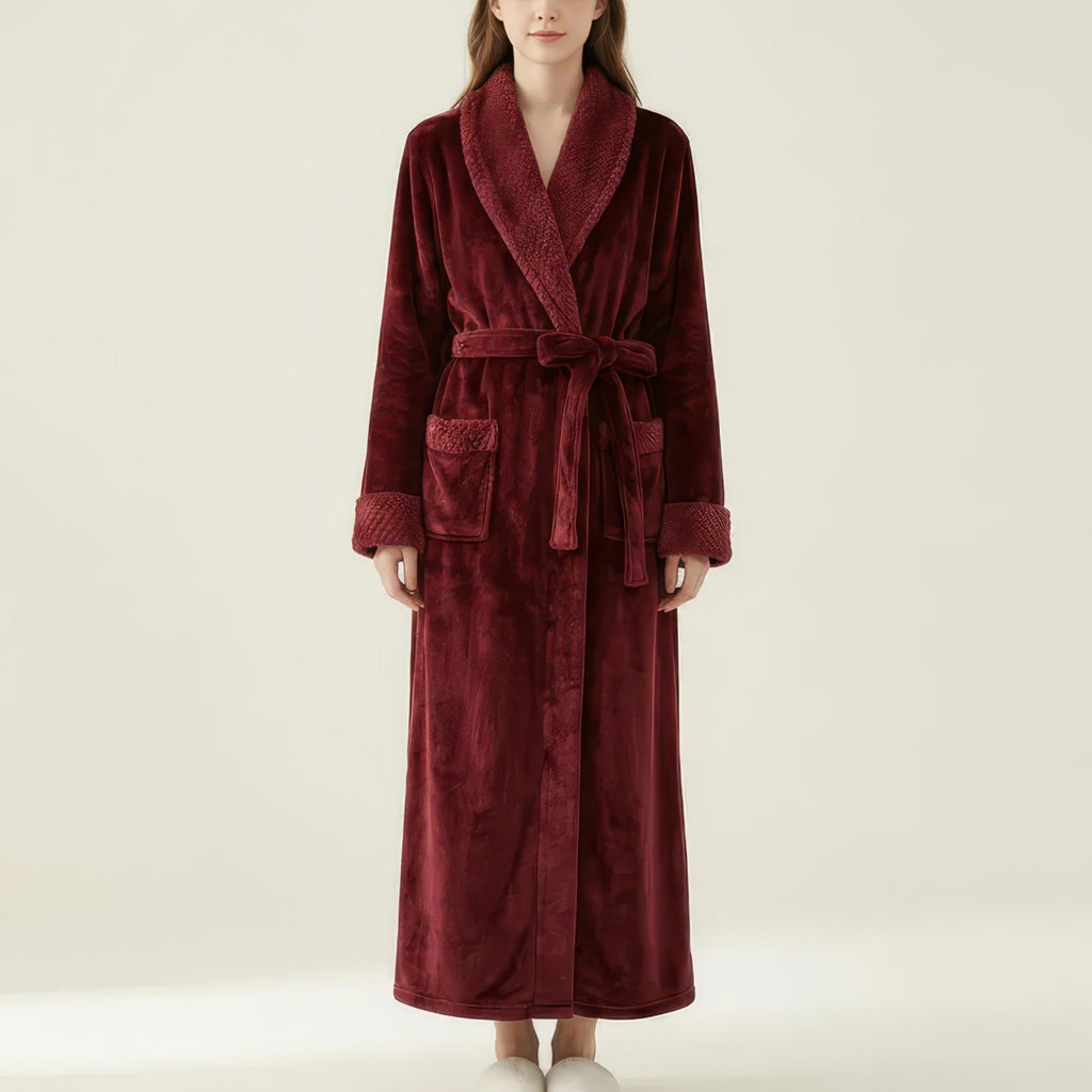 Anna-Kaci Women's Plush Long Robe with Textured Shawl Collar Tie Waist Belt Soft Warm Full Length Bathrobe