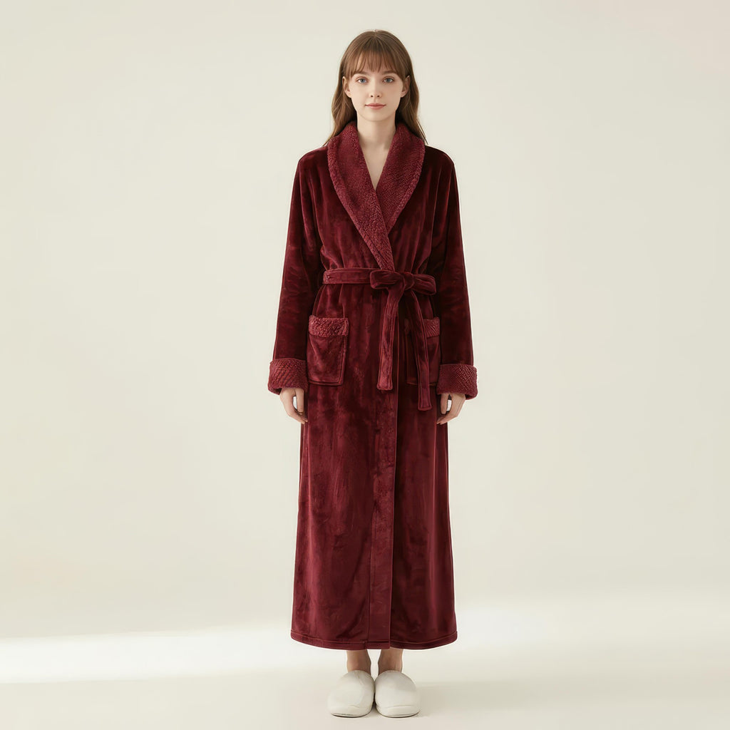 Anna-Kaci Women's Plush Long Robe with Textured Shawl Collar Tie Waist Belt Soft Warm Full Length Bathrobe