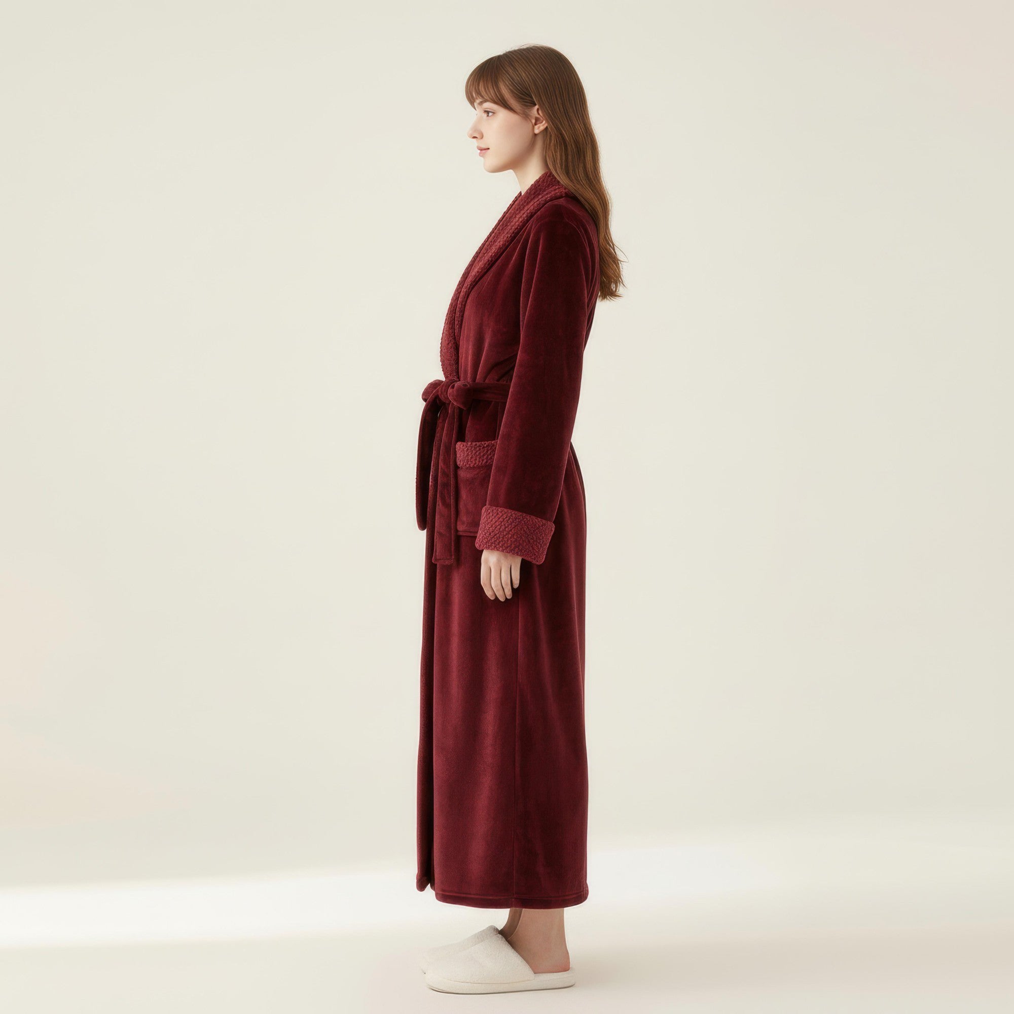Anna-Kaci Women's Plush Long Robe with Textured Shawl Collar Tie Waist Belt Soft Warm Full Length Bathrobe