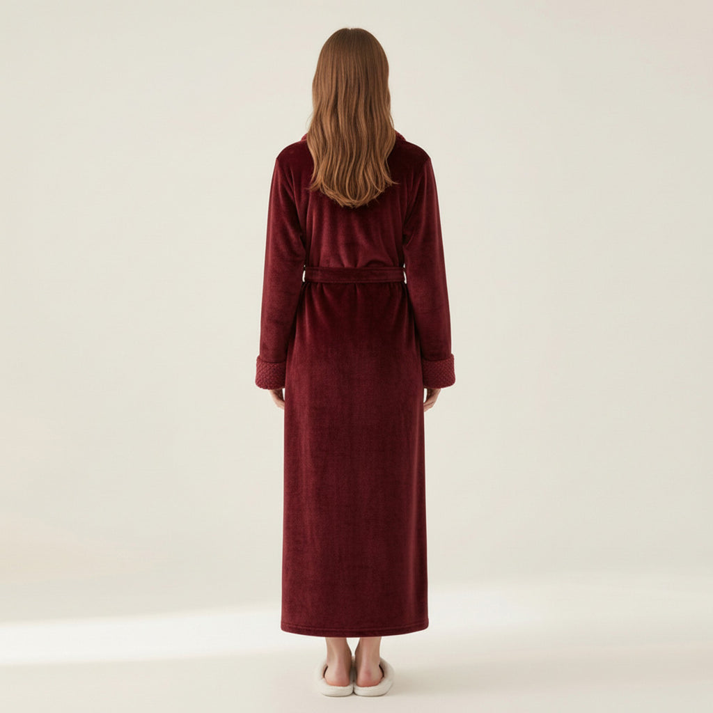Anna-Kaci Women's Plush Long Robe with Textured Shawl Collar Tie Waist Belt Soft Warm Full Length Bathrobe