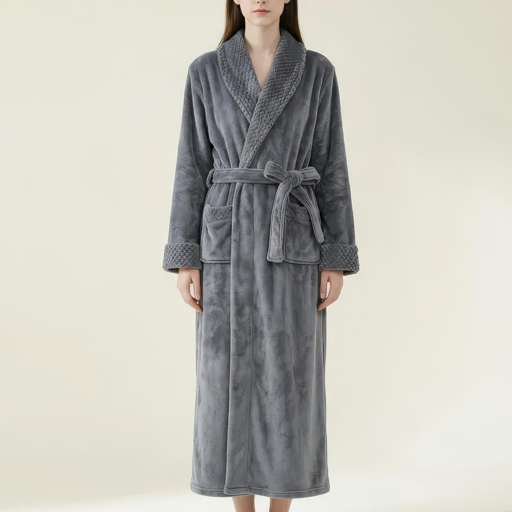 Anna-Kaci Women's Plush Long Robe with Textured Shawl Collar Tie Waist Belt Soft Warm Full Length Bathrobe