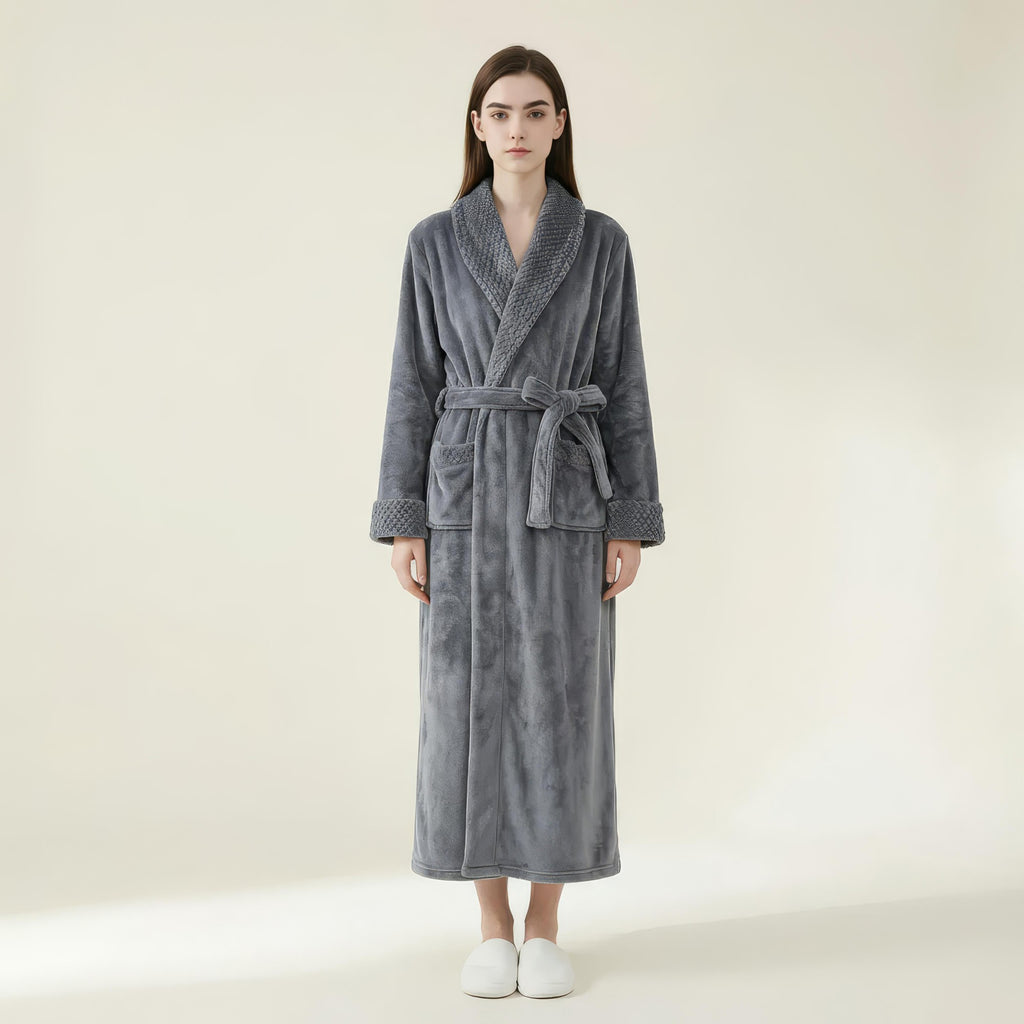 Anna-Kaci Women's Plush Long Robe with Textured Shawl Collar Tie Waist Belt Soft Warm Full Length Bathrobe