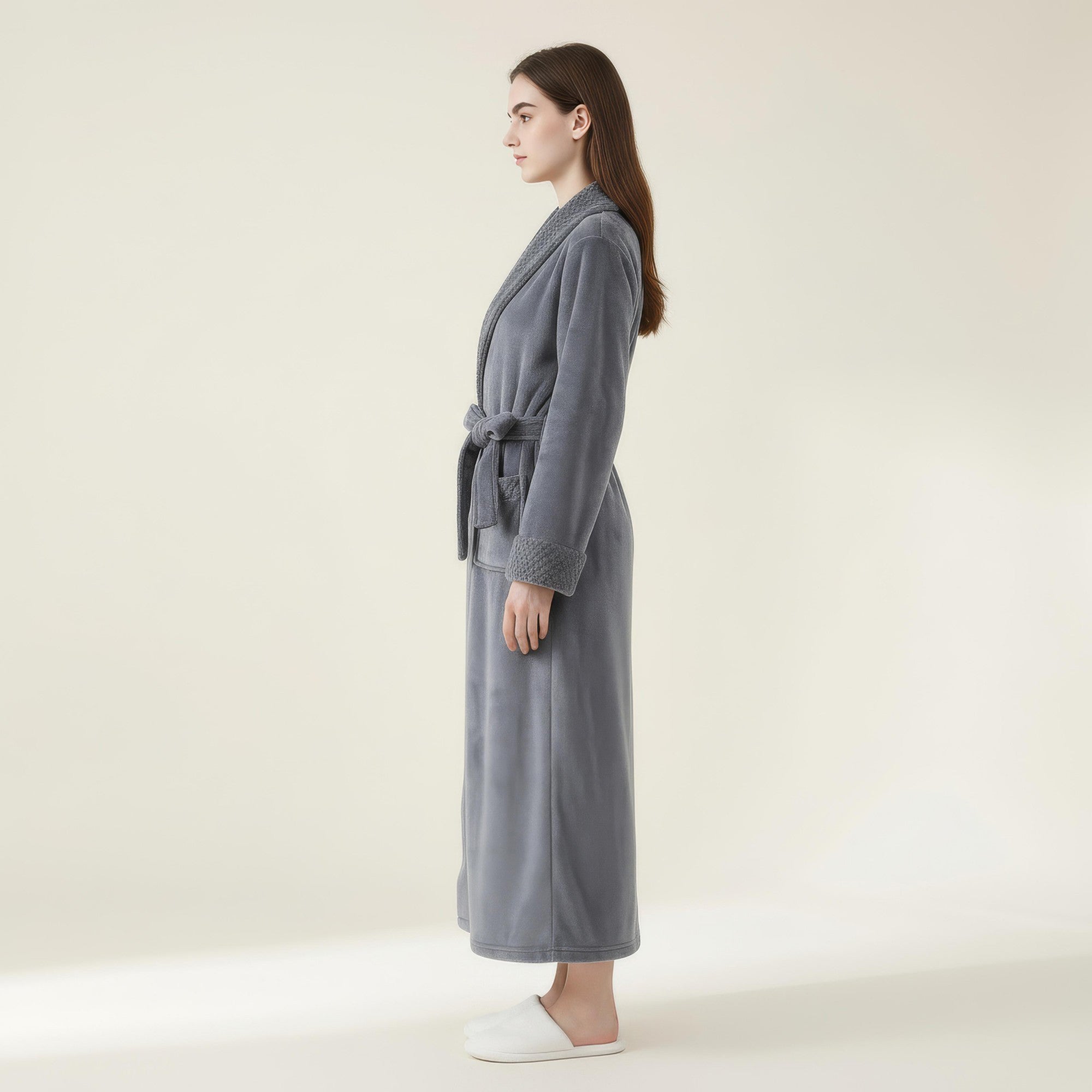Anna-Kaci Women's Plush Long Robe with Textured Shawl Collar Tie Waist Belt Soft Warm Full Length Bathrobe