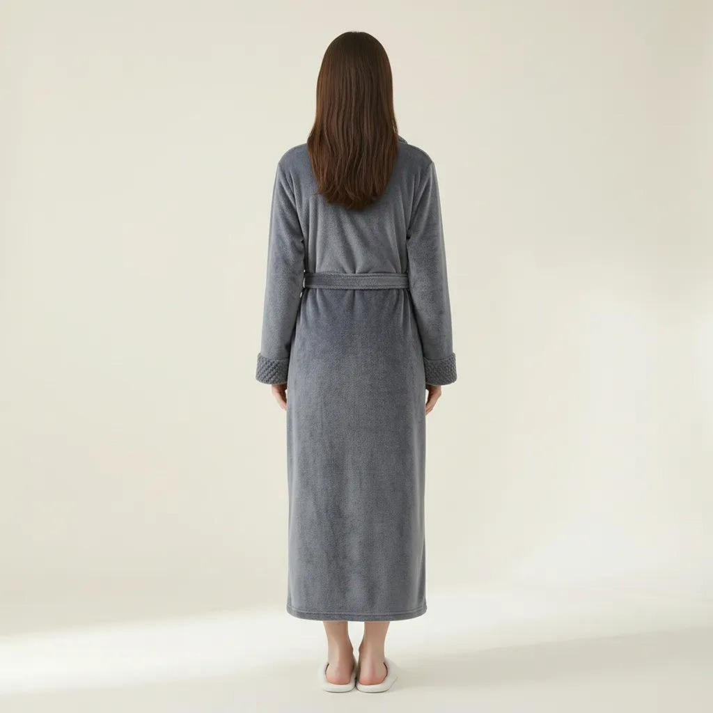 Anna-Kaci Women's Plush Long Robe with Textured Shawl Collar Tie Waist Belt Soft Warm Full Length Bathrobe