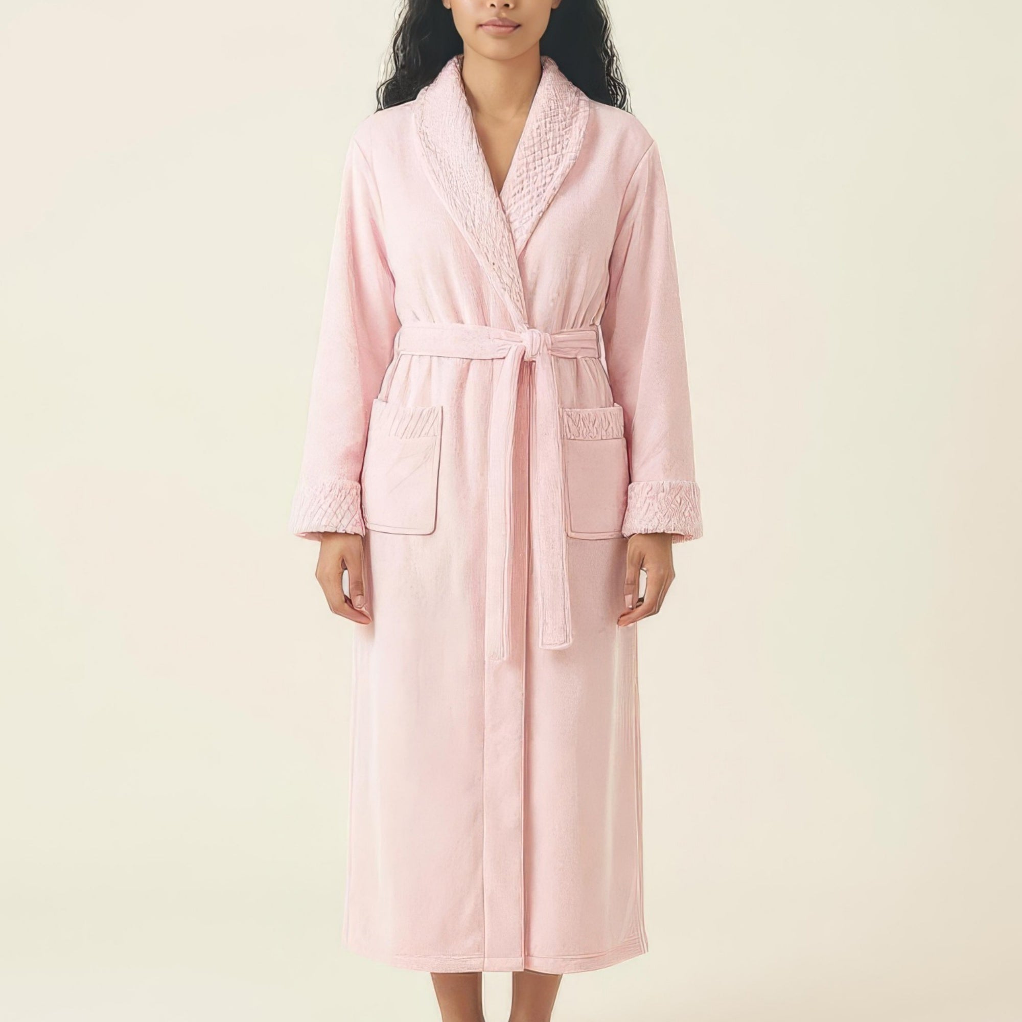 Anna-Kaci Women's Plush Long Robe with Textured Shawl Collar Tie Waist Belt Soft Warm Full Length Bathrobe