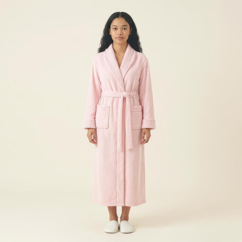 Anna-Kaci Women's Plush Long Robe with Textured Shawl Collar Tie Waist Belt Soft Warm Full Length Bathrobe