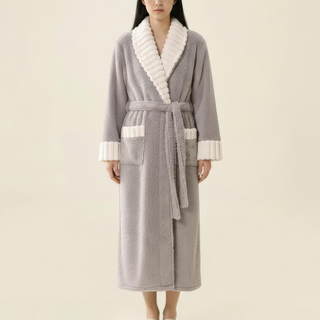 Anna-Kaci Women's Plush Long Robe with Contrast Trim Shawl Collar Tie Waist Belt Full Length Bathrobe