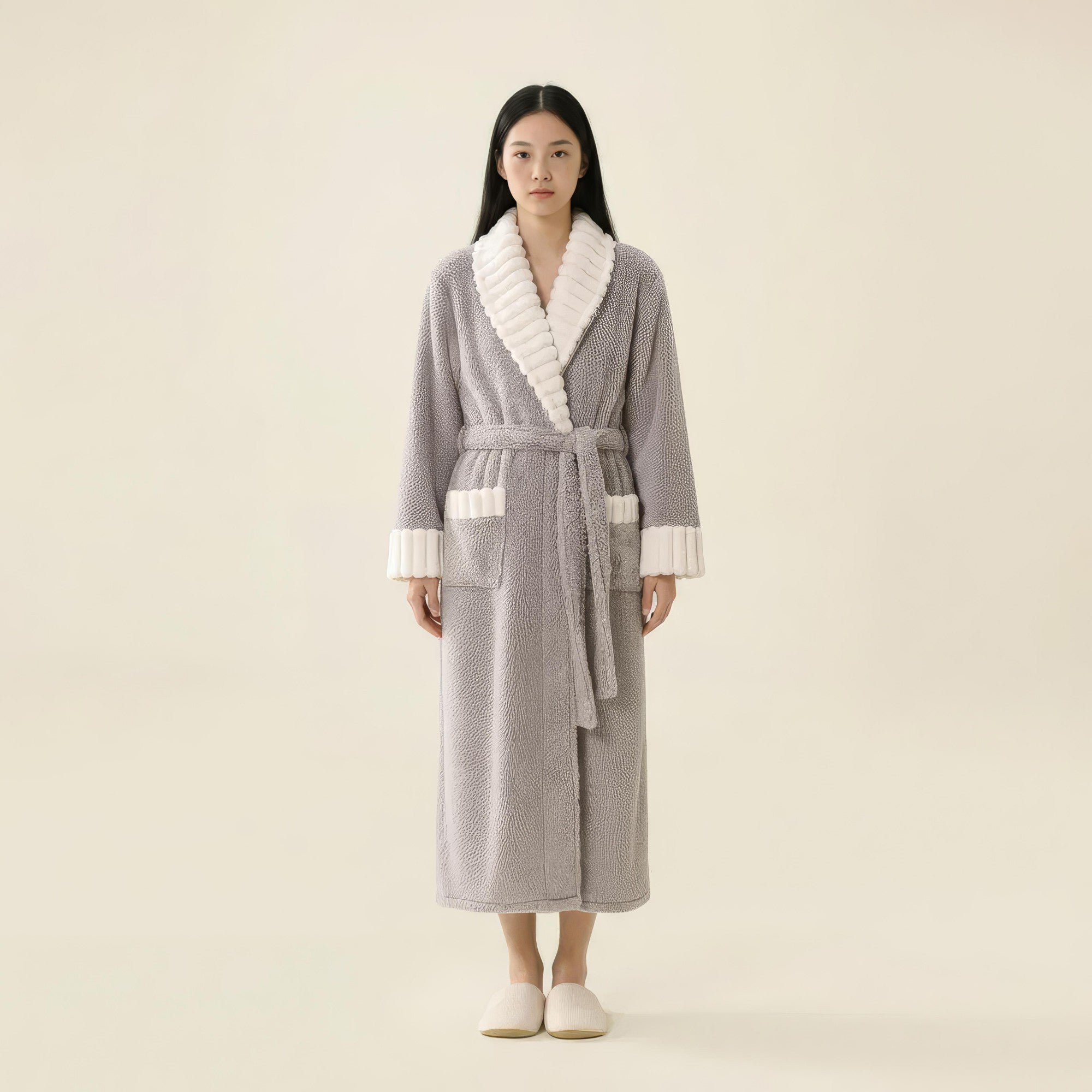 Anna-Kaci Women's Plush Long Robe with Contrast Trim Shawl Collar Tie Waist Belt Full Length Bathrobe