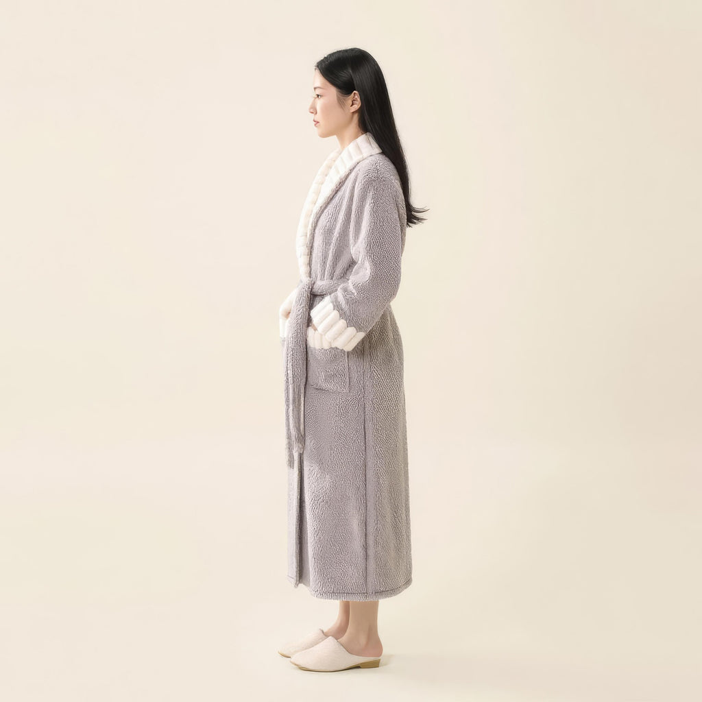 Anna-Kaci Women's Plush Long Robe with Contrast Trim Shawl Collar Tie Waist Belt Full Length Bathrobe