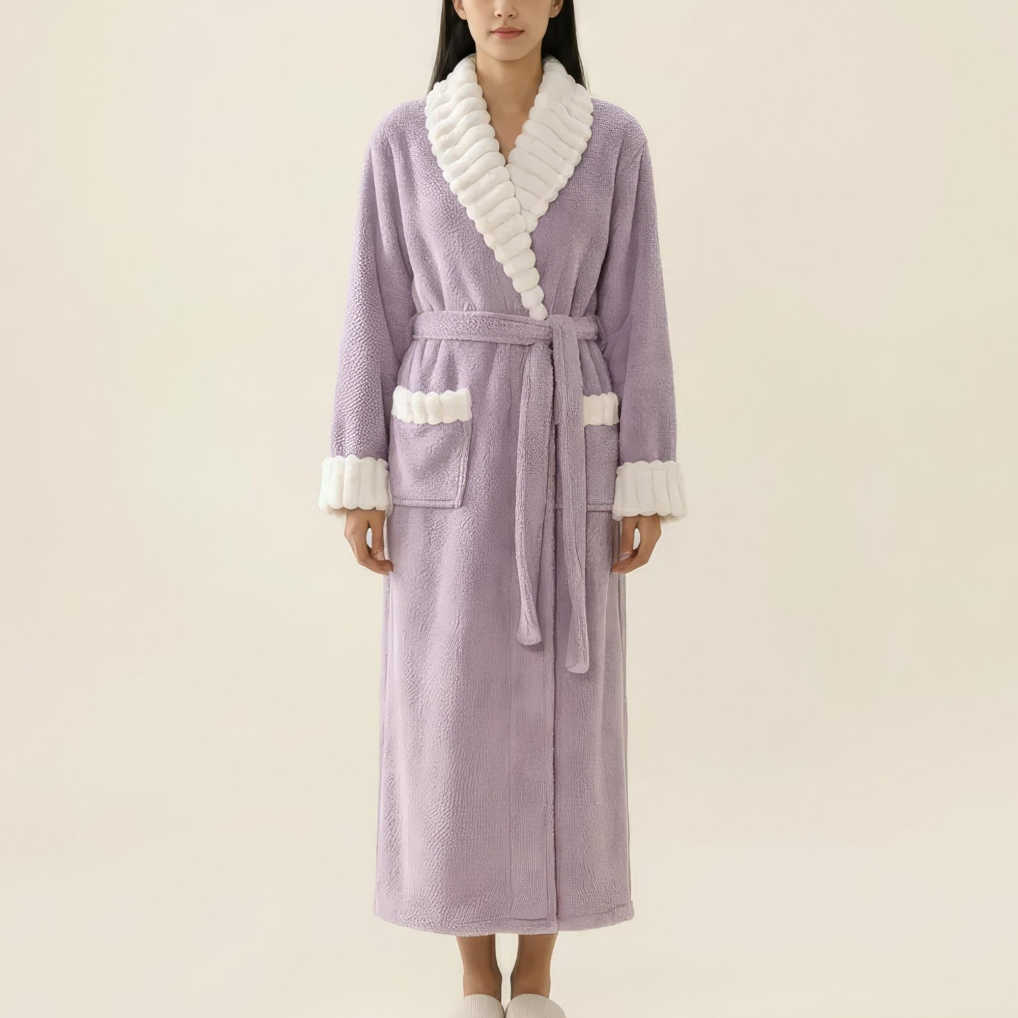 Anna-Kaci Women's Plush Long Robe with Contrast Trim Shawl Collar Tie Waist Belt Full Length Bathrobe