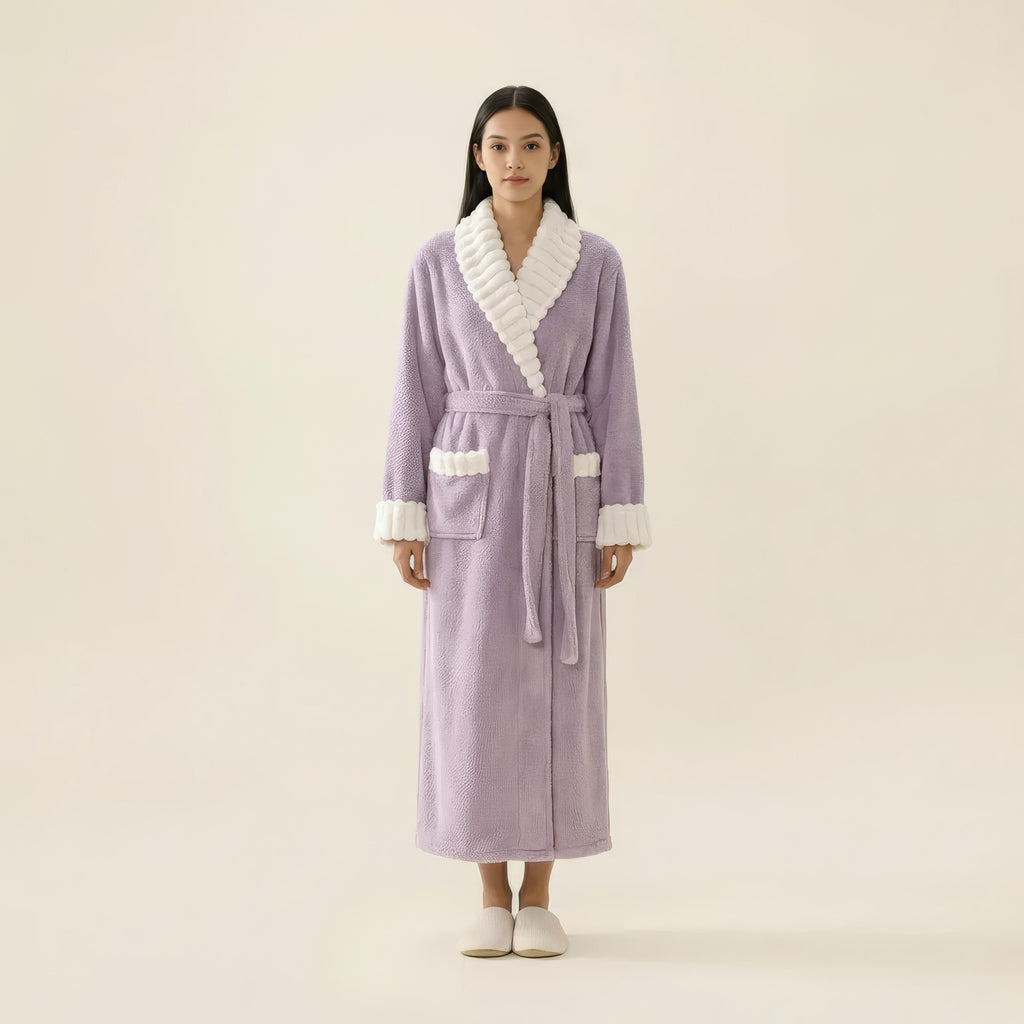 Anna-Kaci Women's Plush Long Robe with Contrast Trim Shawl Collar Tie Waist Belt Full Length Bathrobe