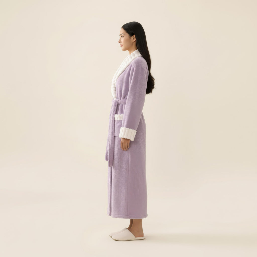 Anna-Kaci Women's Plush Long Robe with Contrast Trim Shawl Collar Tie Waist Belt Full Length Bathrobe