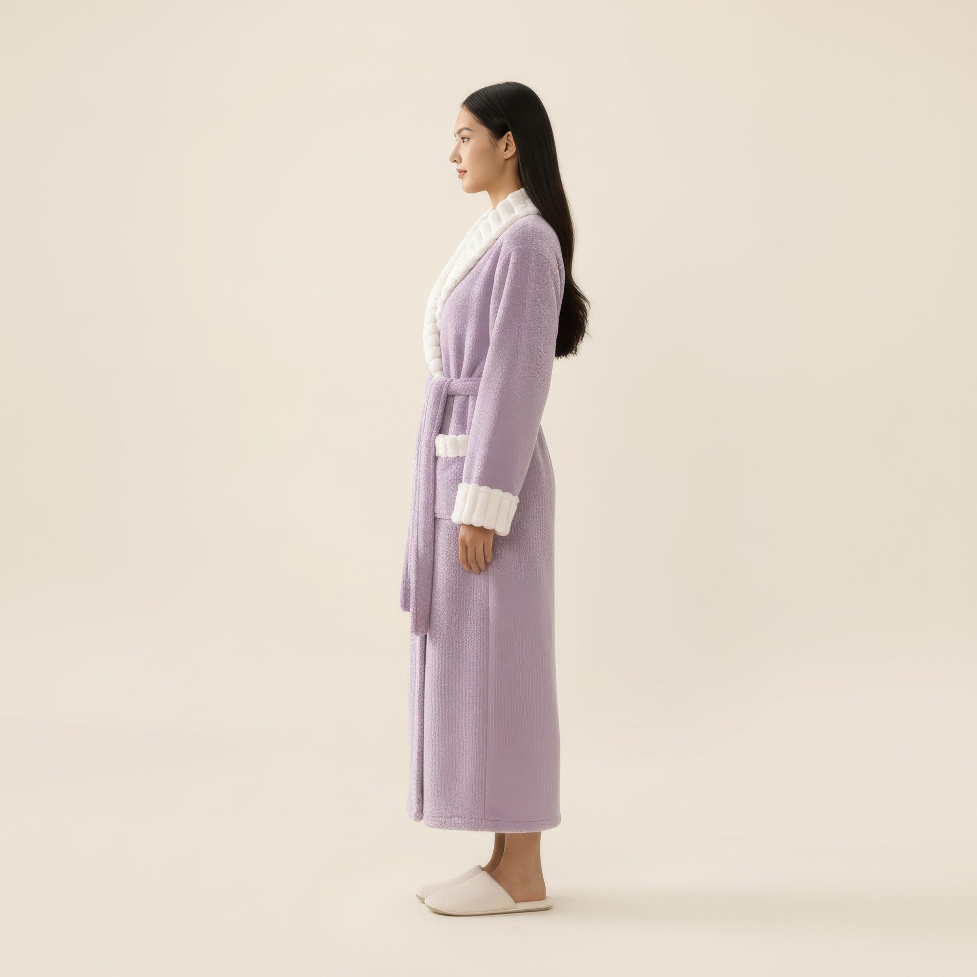 Anna-Kaci Women's Plush Long Robe with Contrast Trim Shawl Collar Tie Waist Belt Full Length Bathrobe