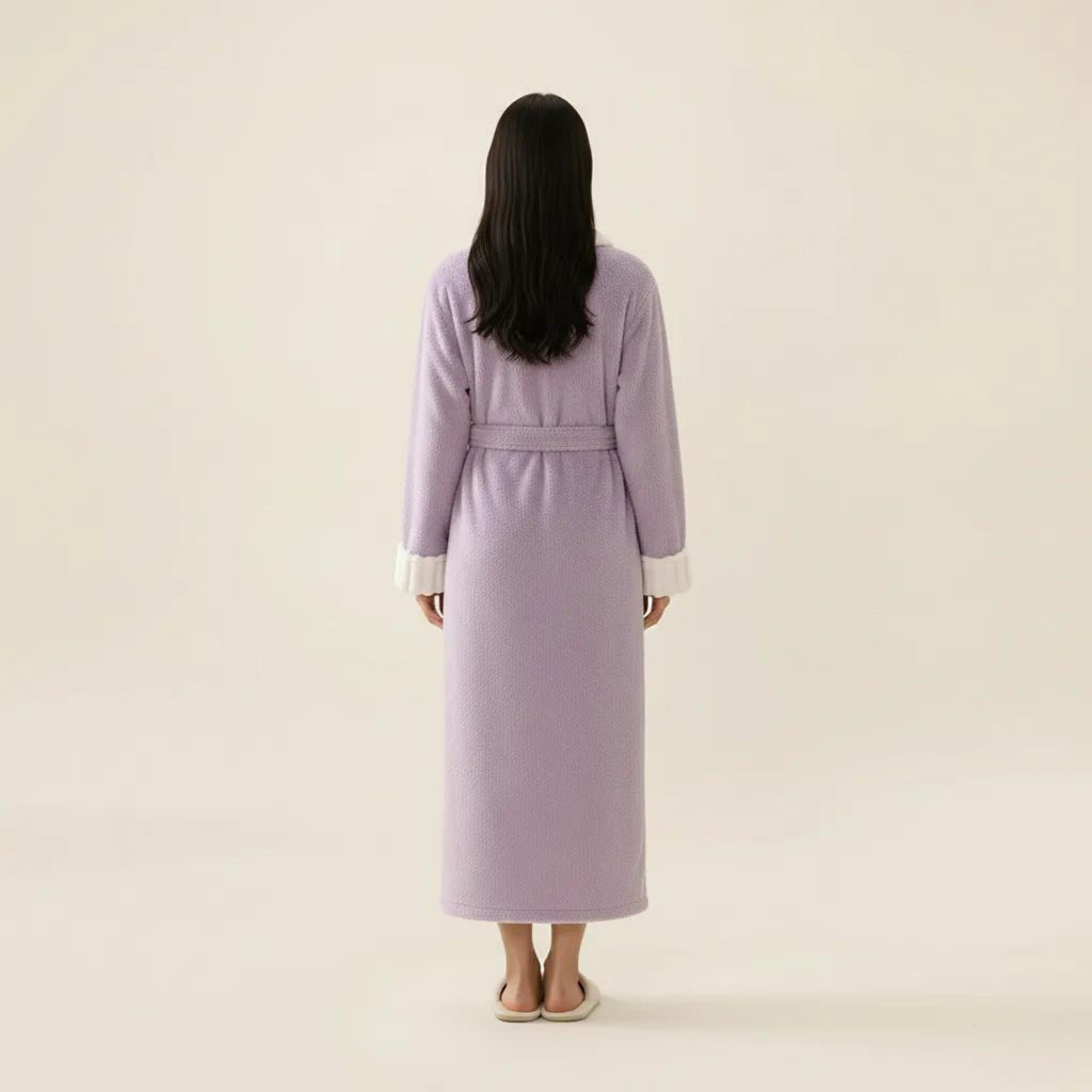 Anna-Kaci Women's Plush Long Robe with Contrast Trim Shawl Collar Tie Waist Belt Full Length Bathrobe