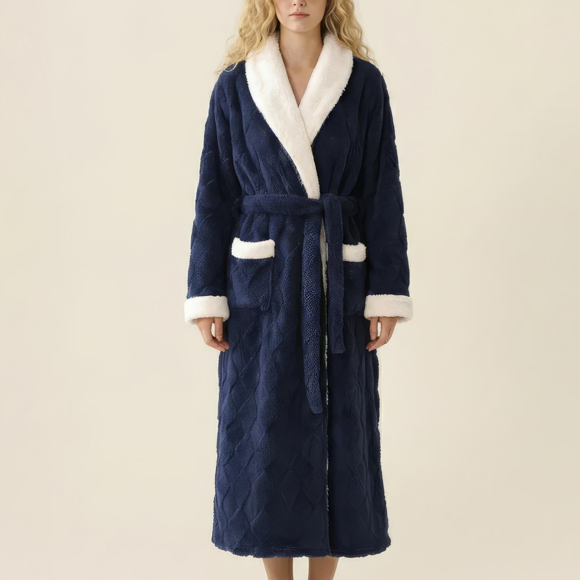 Anna-Kaci Women's Plush Long Robe with Contrast Trim Shawl Collar Tie Waist Belt Soft Textured Warm