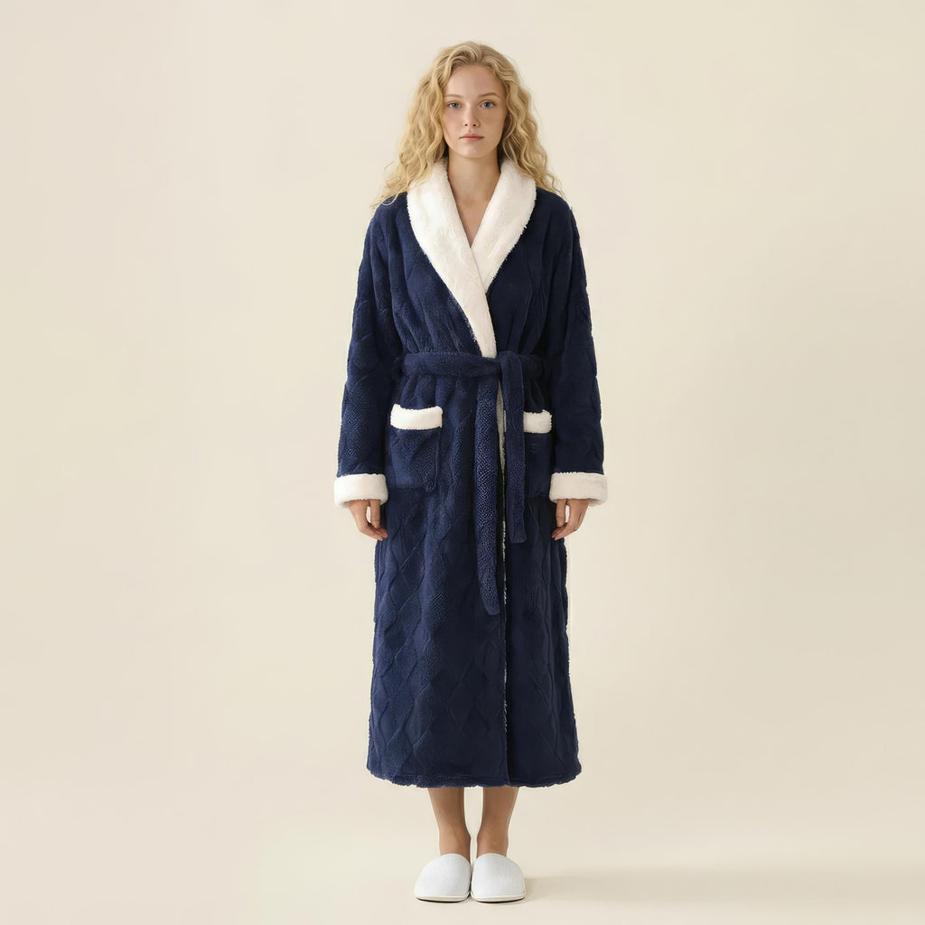 Anna-Kaci Women's Plush Long Robe with Contrast Trim Shawl Collar Tie Waist Belt Soft Textured Warm