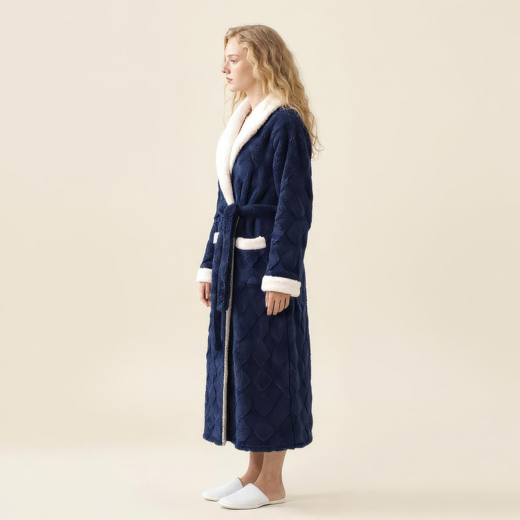 Anna-Kaci Women's Plush Long Robe with Contrast Trim Shawl Collar Tie Waist Belt Soft Textured Warm