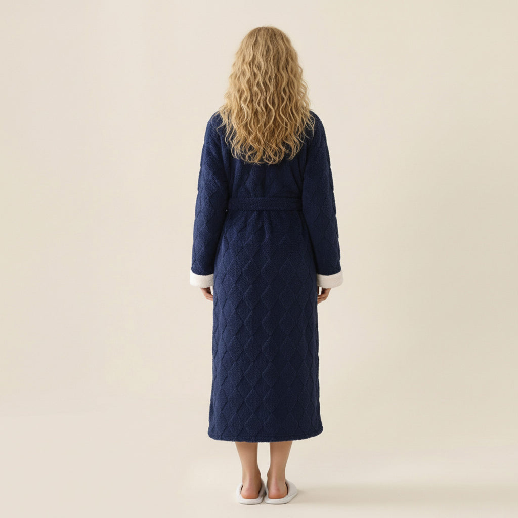 Anna-Kaci Women's Plush Long Robe with Contrast Trim Shawl Collar Tie Waist Belt Soft Textured Warm