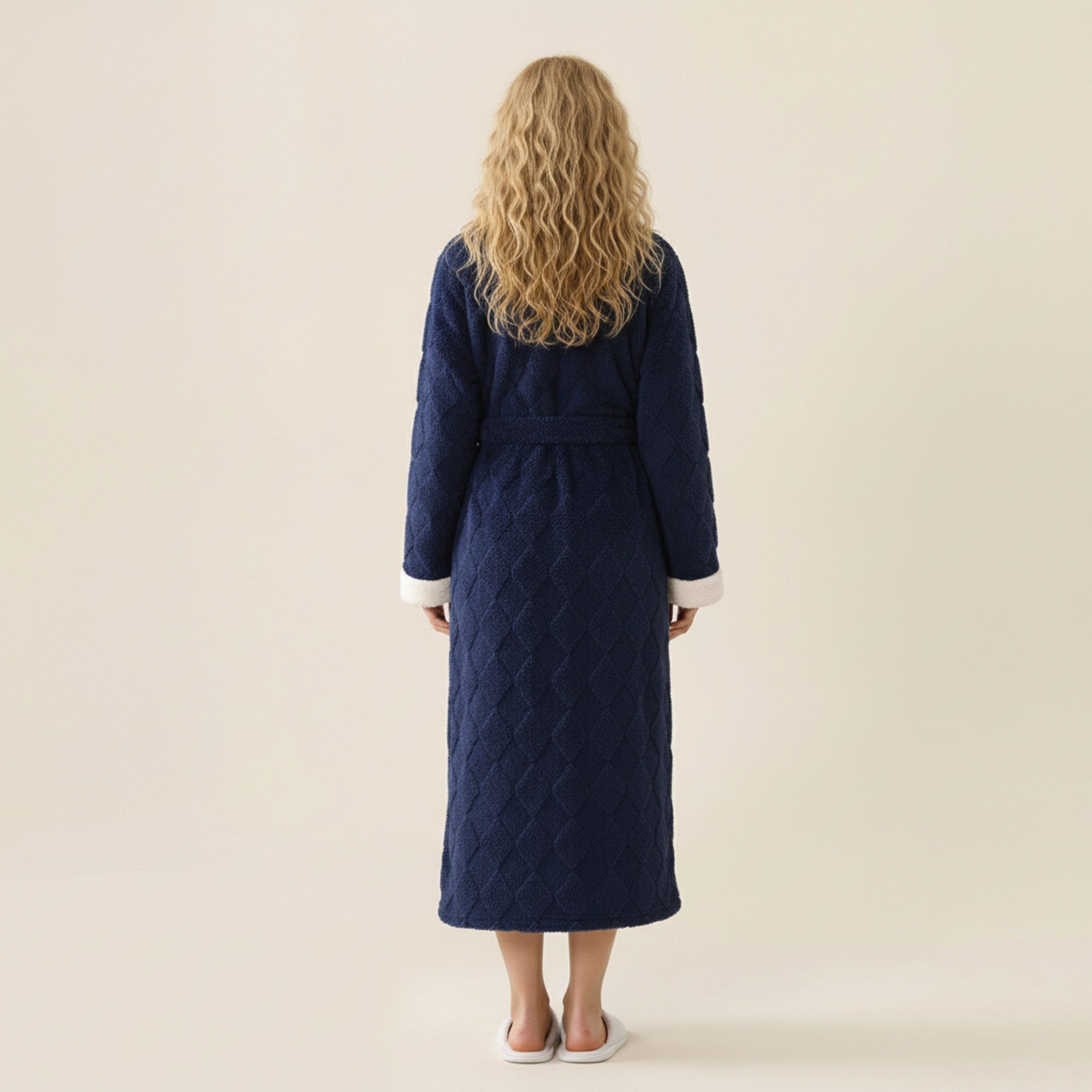 Anna-Kaci Women's Plush Long Robe with Contrast Trim Shawl Collar Tie Waist Belt Soft Textured Warm