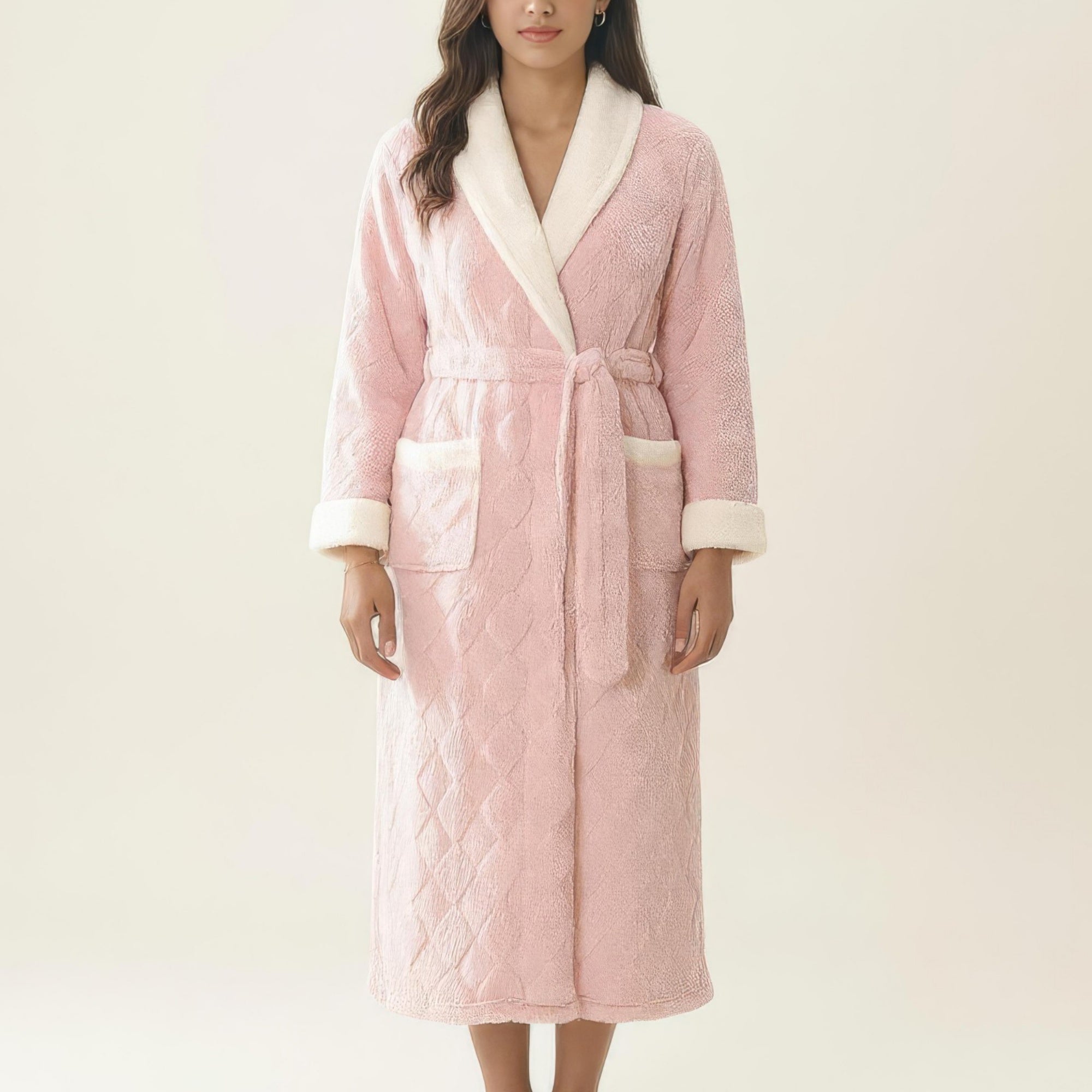 Anna-Kaci Women's Plush Long Robe with Contrast Trim Shawl Collar Tie Waist Belt Soft Textured Warm